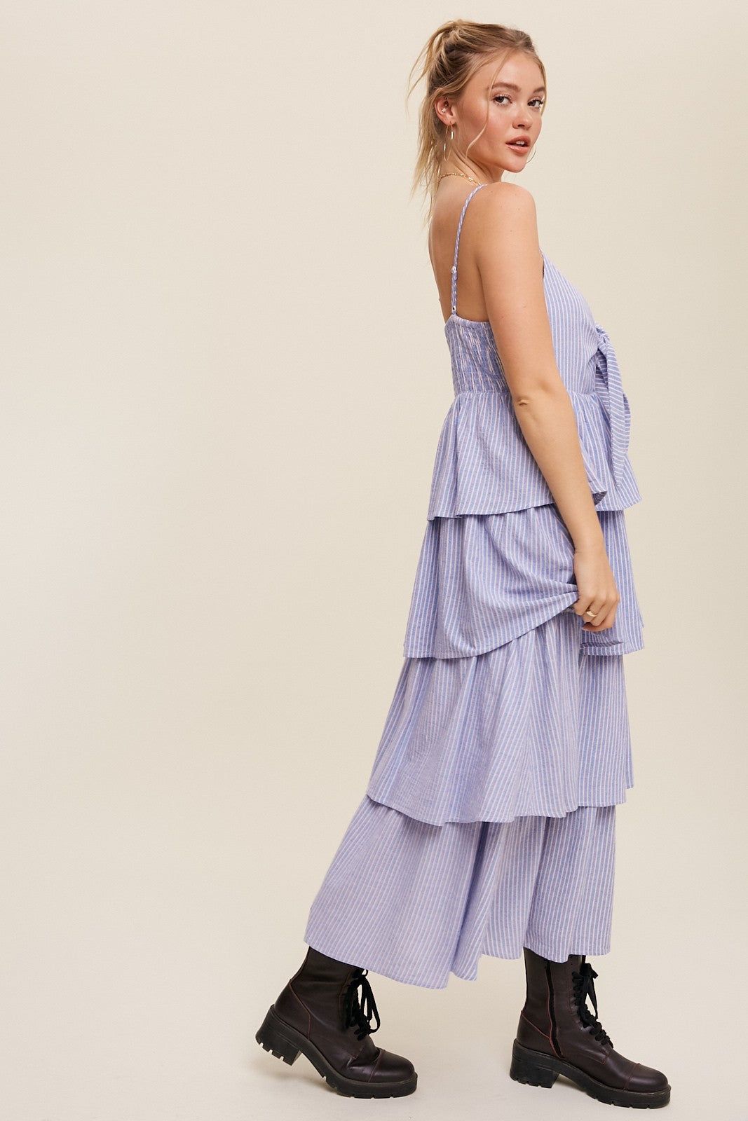 Blue Pinstripe Front Tie Tiered Maxi Dress sold by Pinkblush product image thumbnail 2