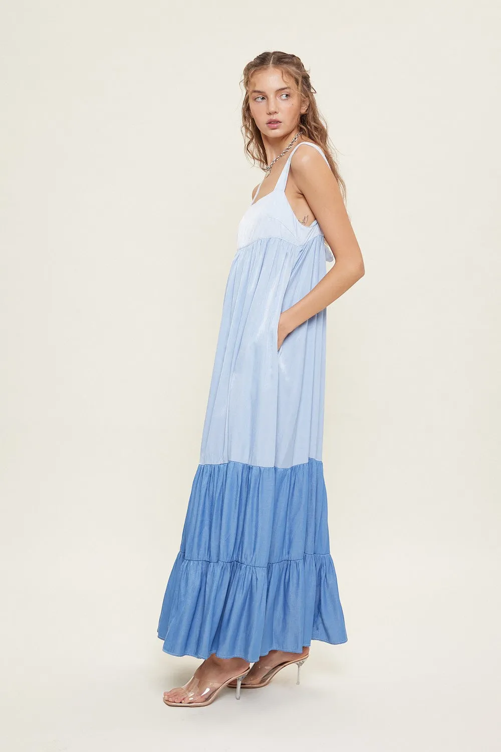 Blue Sleeveless Tiered Tie Back Maxi Dress sold by Pinkblush product image thumbnail 2
