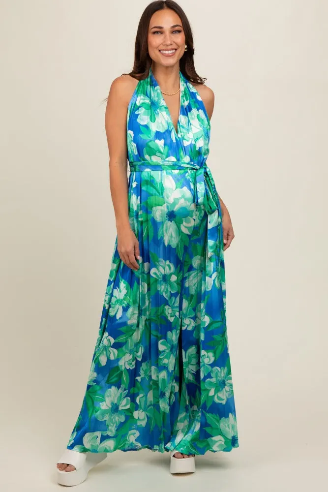 Blue Floral Pleated Halter Maternity Jumpsuit sold by Pinkblush product image thumbnail 3