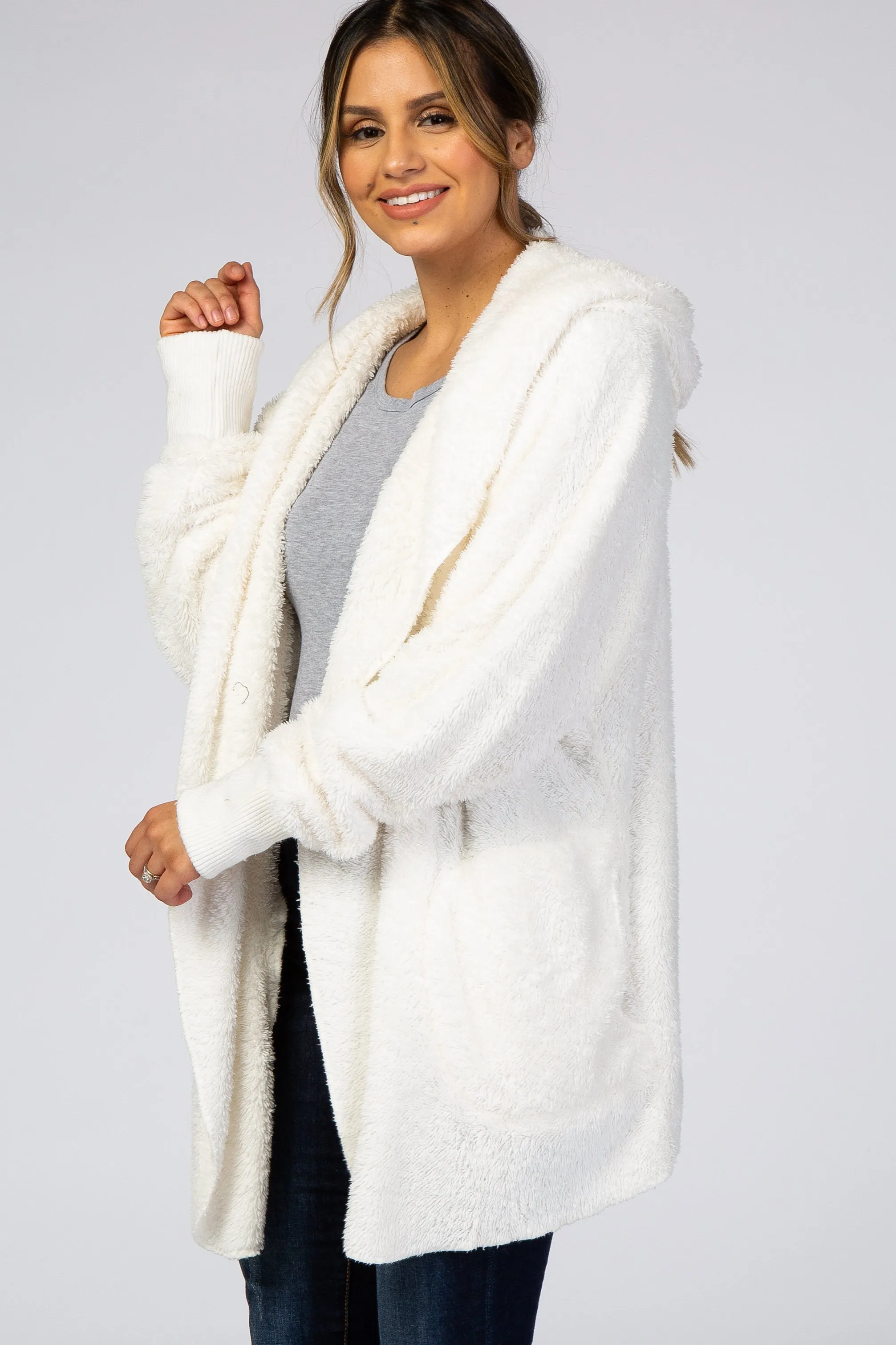 Ivory Fuzzy Hooded Long Sleeve Jacket sold by Pinkblush product image thumbnail 2