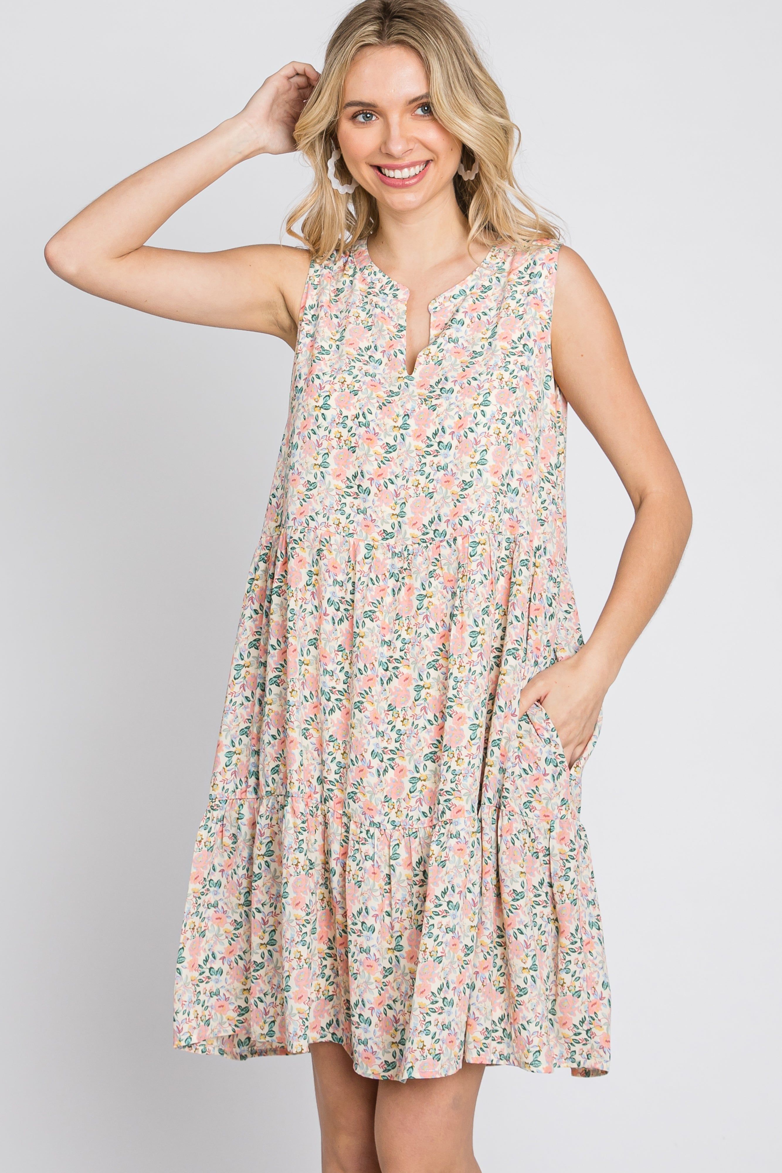 Cream Floral Tiered Sleeveless Dress sold by Pinkblush product image thumbnail 4