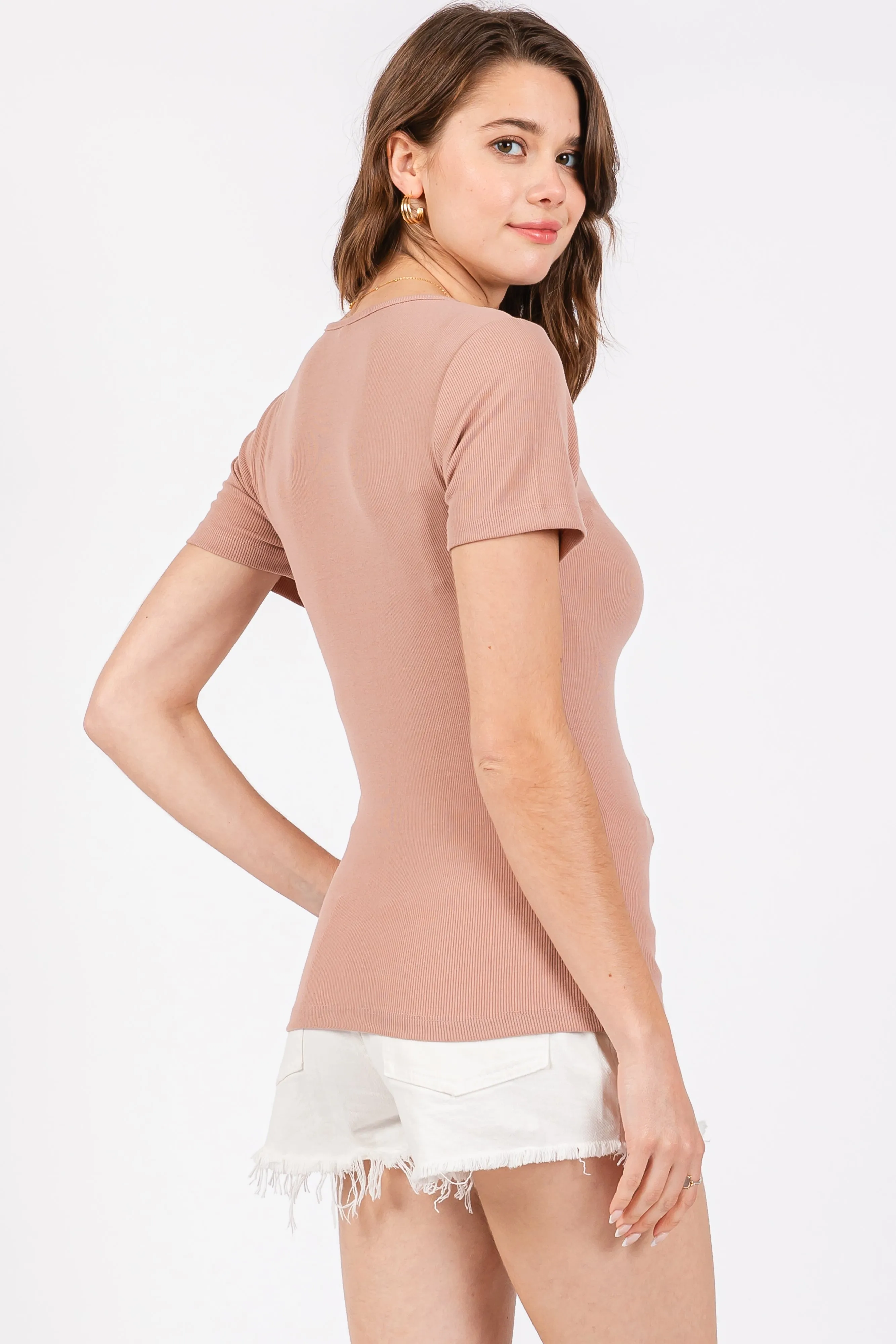 Mauve Ribbed Short Sleeve Button Top sold by Pinkblush product image thumbnail 3