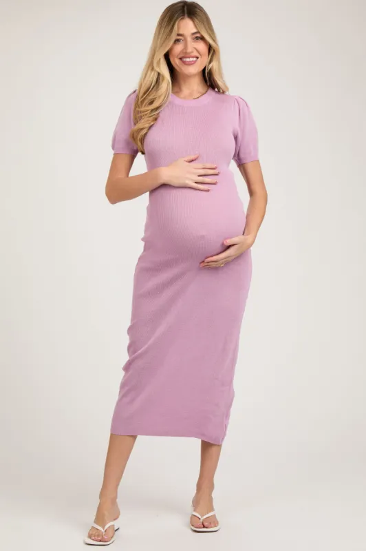 Lavender Puff Sleeve Knit Maternity Midi Dress sold by Pinkblush
