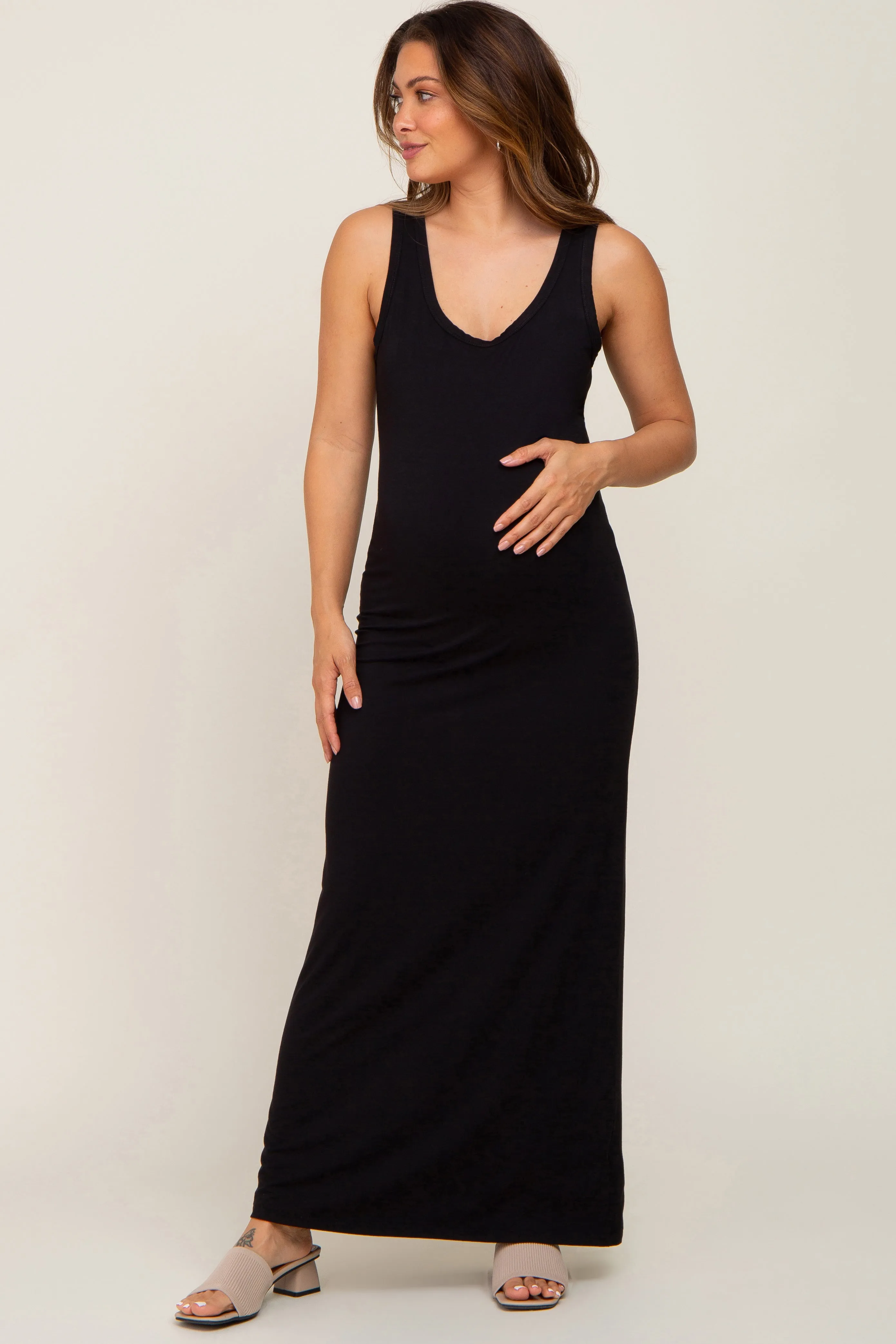 Black Basic Sleeveless Maternity Maxi Dress sold by Pinkblush