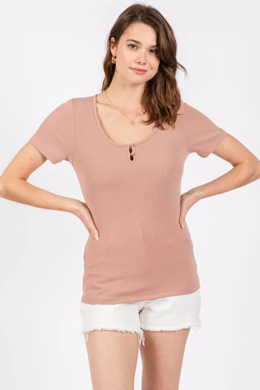 Mauve Ribbed Short Sleeve Button Top sold by Pinkblush