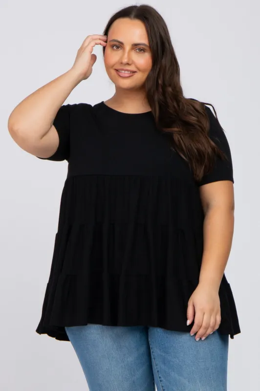 Black Tiered Plus Short Sleeve Top sold by Pinkblush