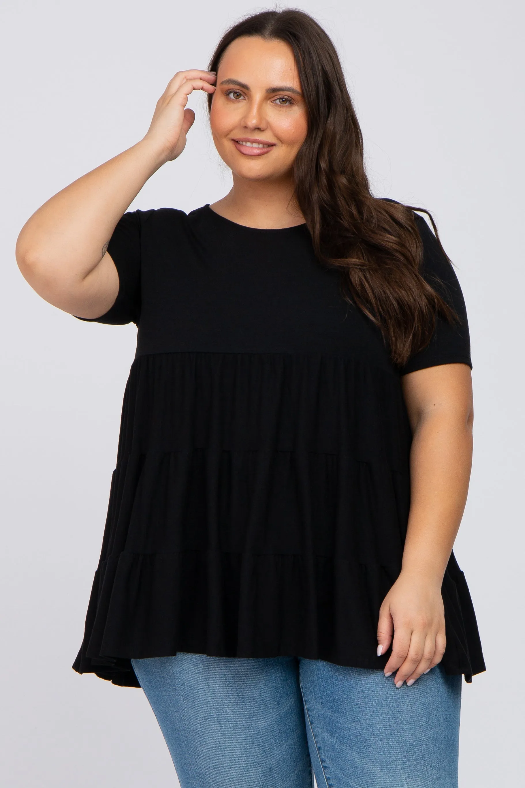 Black Tiered Plus Short Sleeve Top sold by Pinkblush