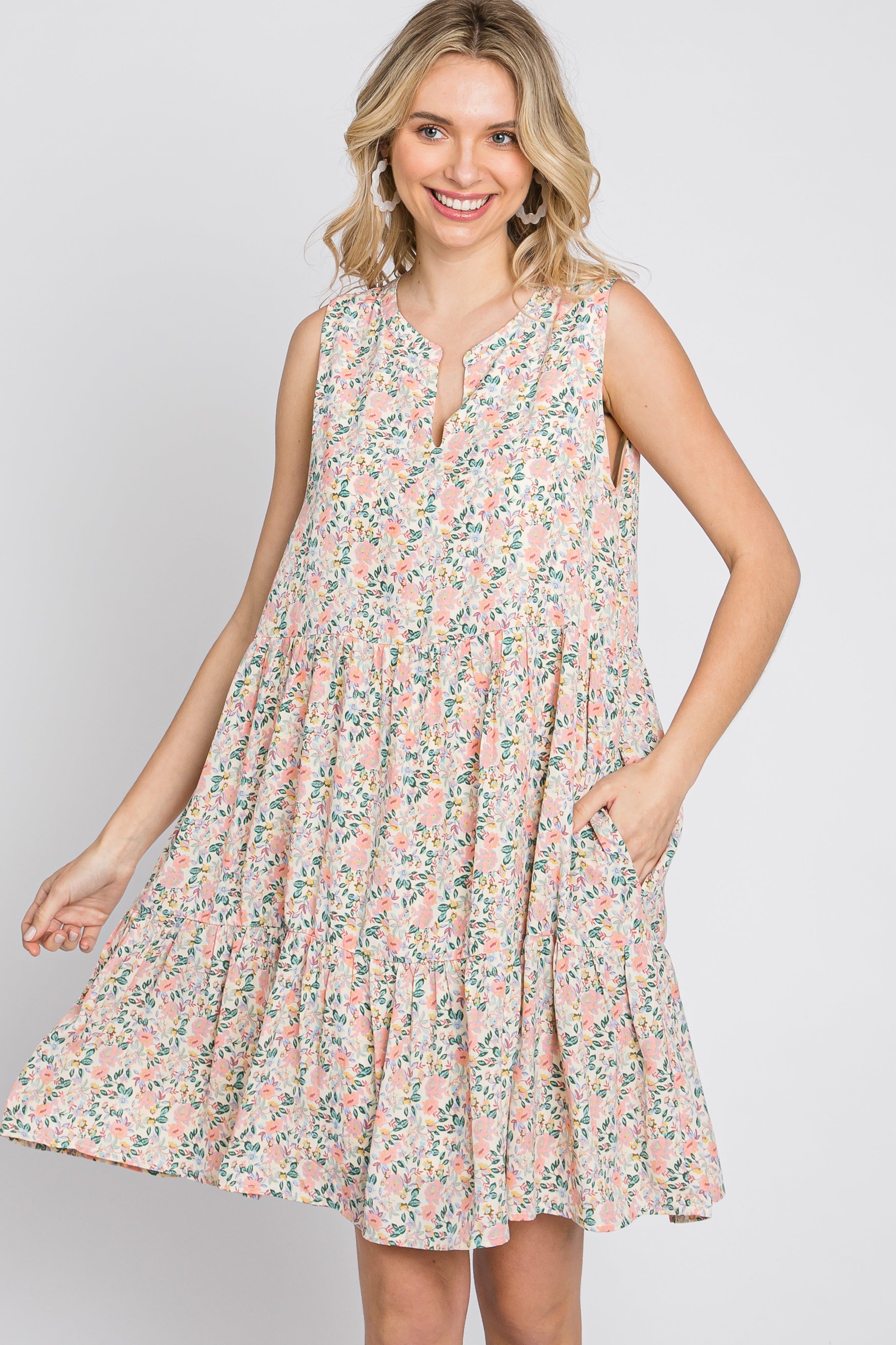 Cream Floral Tiered Sleeveless Dress sold by Pinkblush product image thumbnail 3