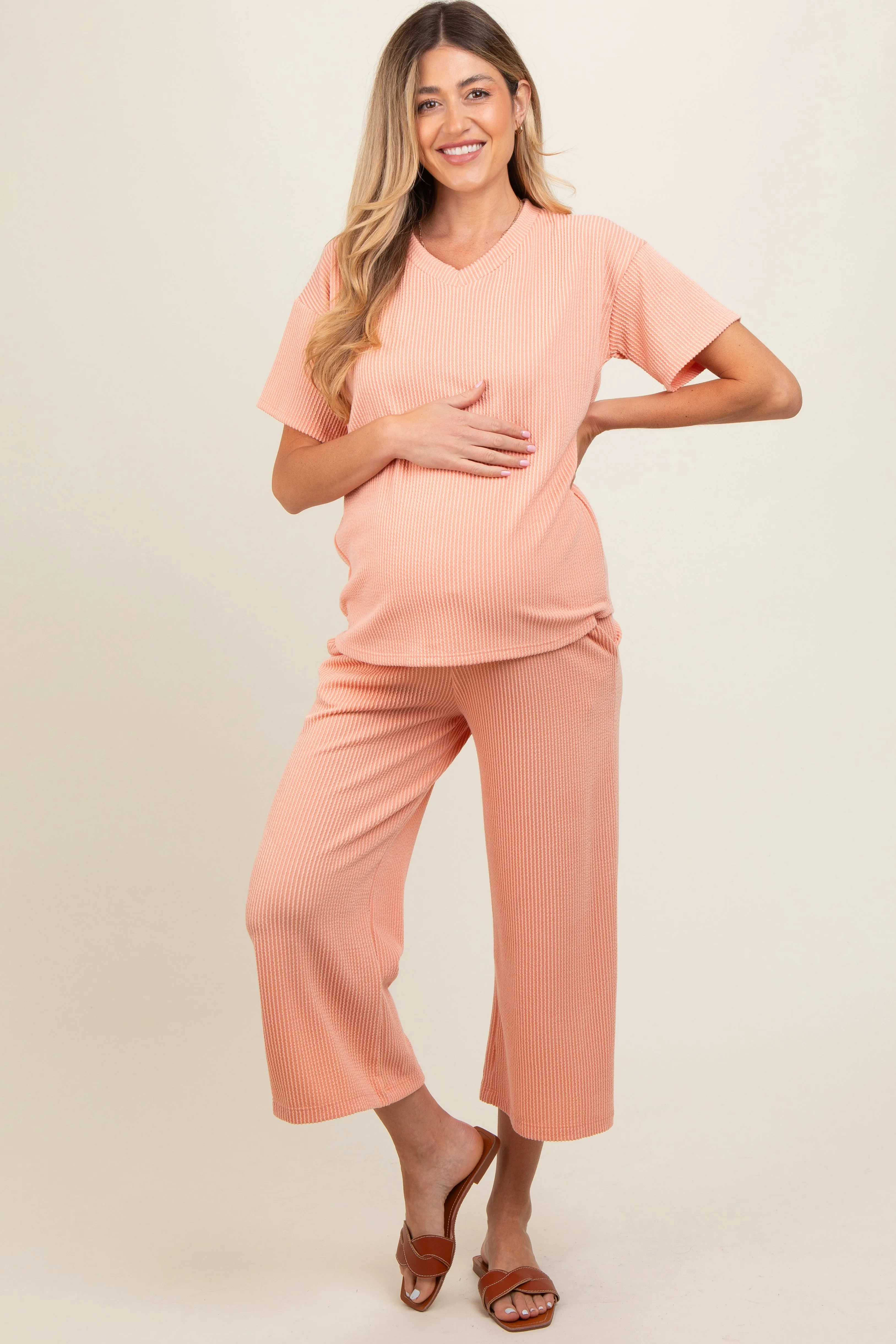 Peach Ribbed Short Sleeve Top Maternity Pajama Set sold by Pinkblush