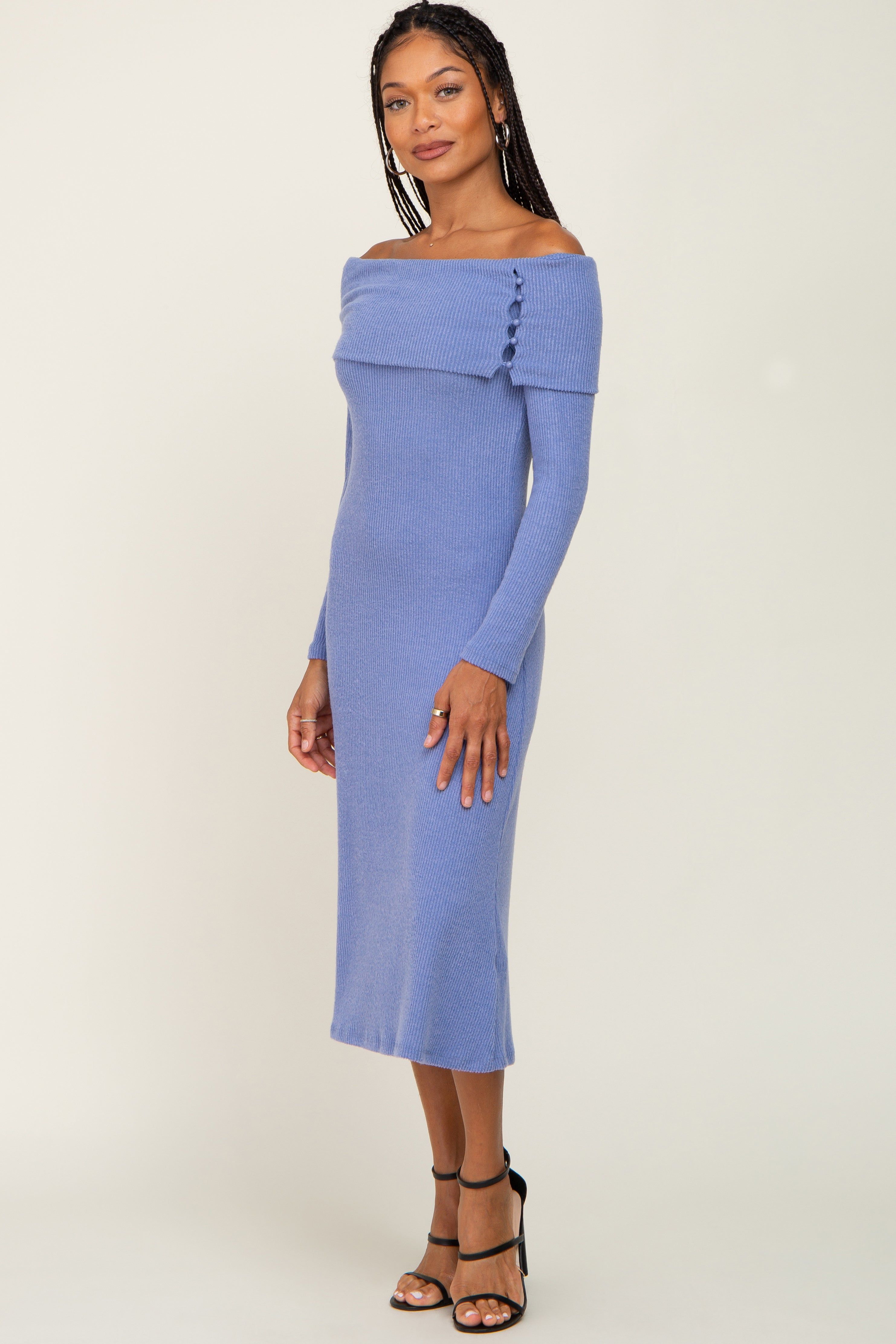 Blue Ribbed Knit Foldover Off Shoulder Midi Dress sold by Pinkblush product image thumbnail 2