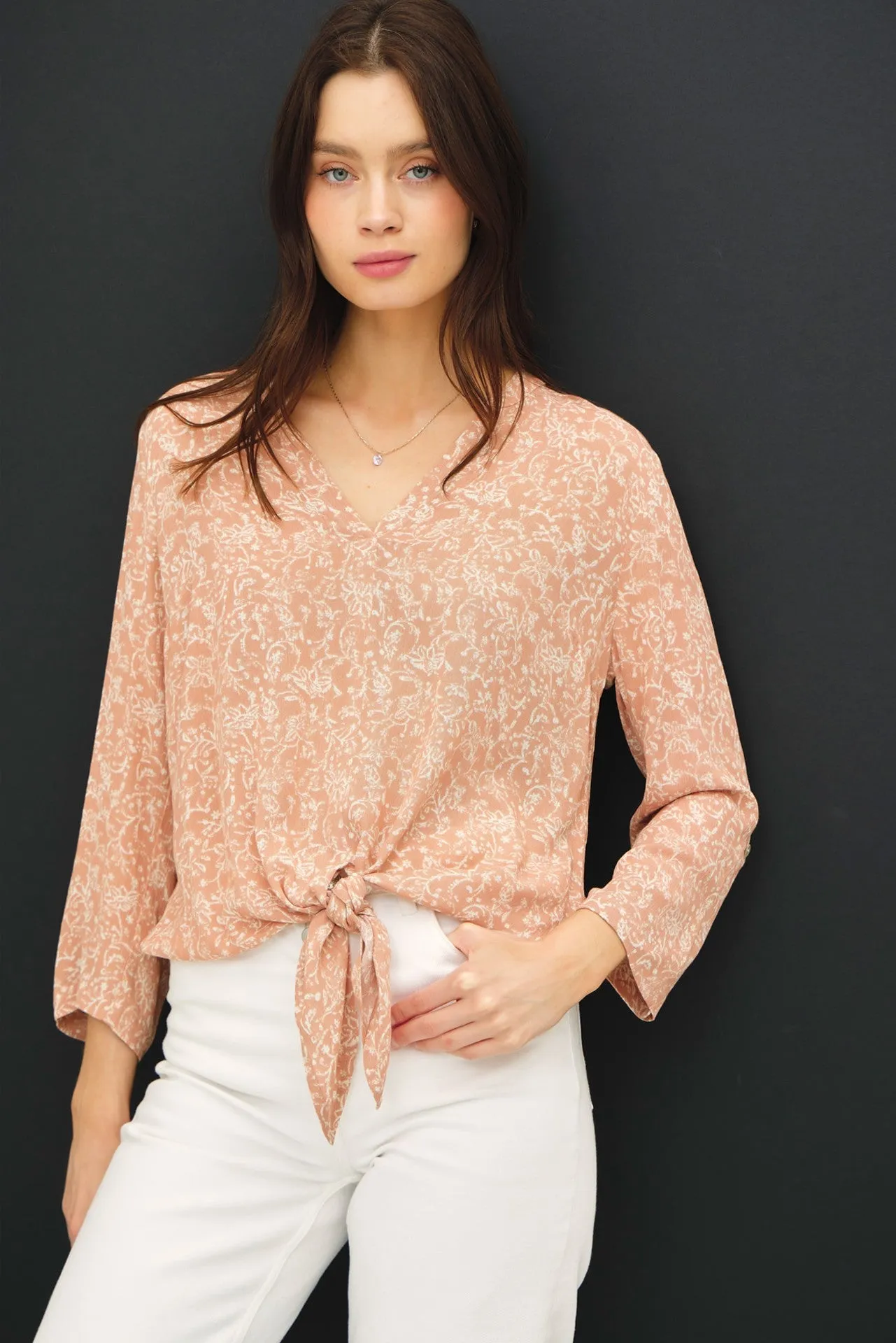 Light Rust V-Neck Roll Tap Long Sleeve Tie Knot Shirt sold by Pinkblush