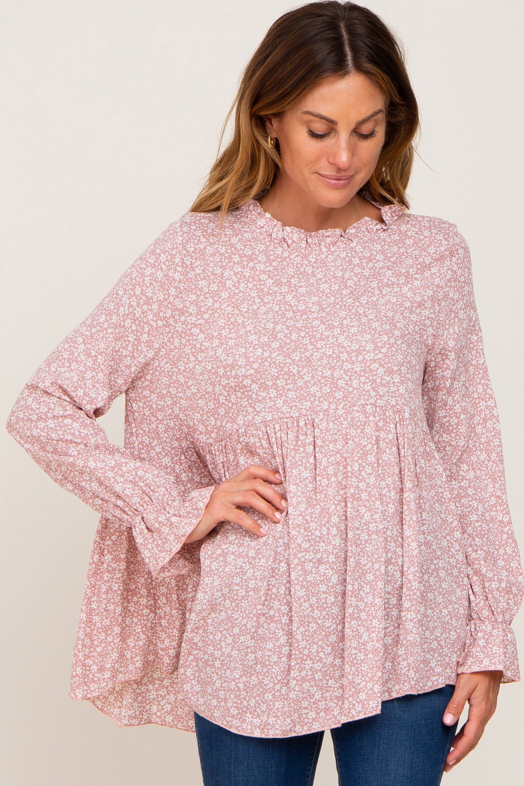 Mauve Floral Ruffle Neck Top sold by Pinkblush