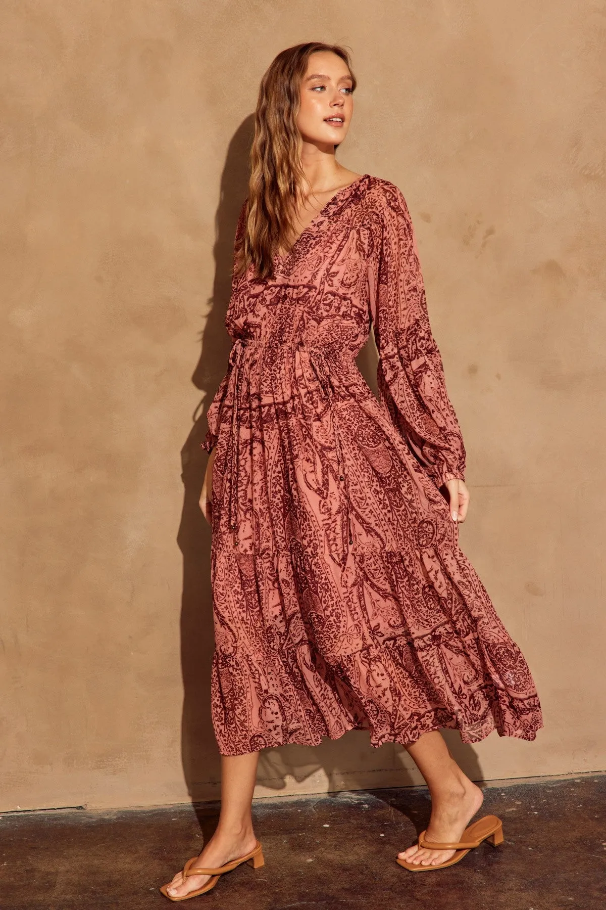 Mauve Wine Printed Bubble Sleeve Tiered Dress sold by Pinkblush