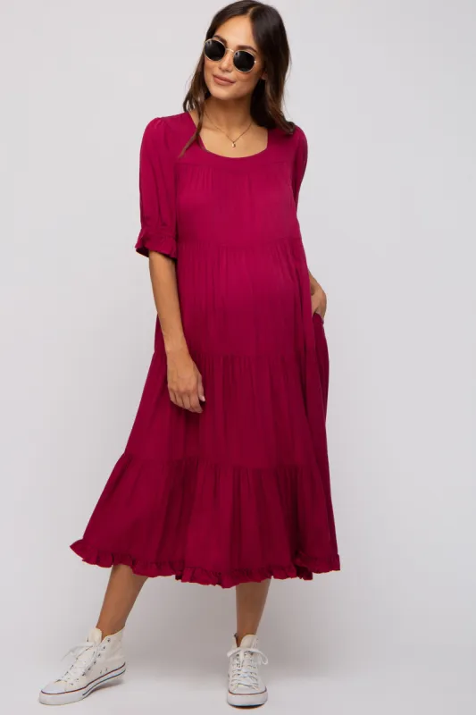 Red Tiered Ruffle Hem Maternity Midi Dress sold by Pinkblush
