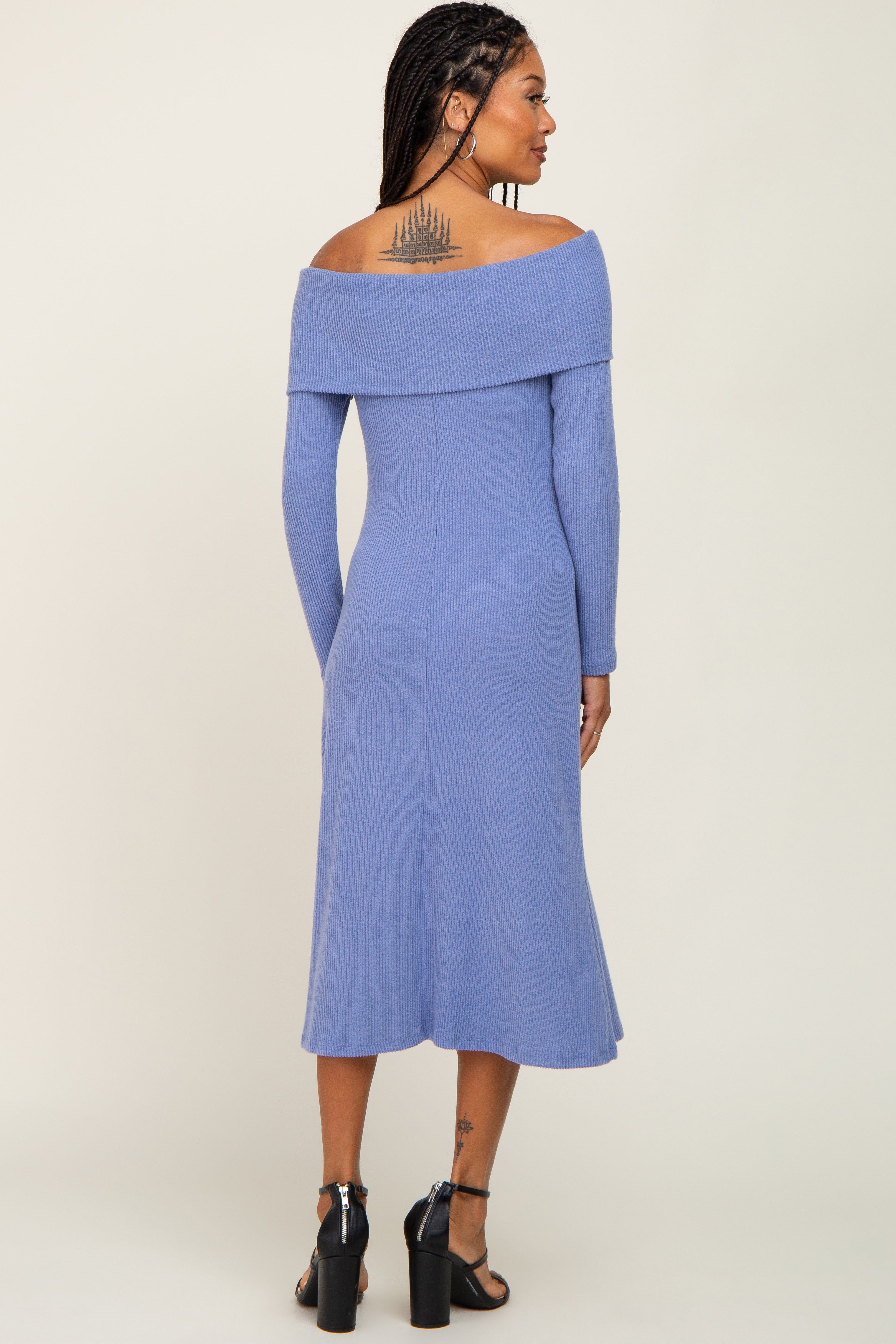 Blue Ribbed Knit Foldover Off Shoulder Midi Dress sold by Pinkblush product image thumbnail 3