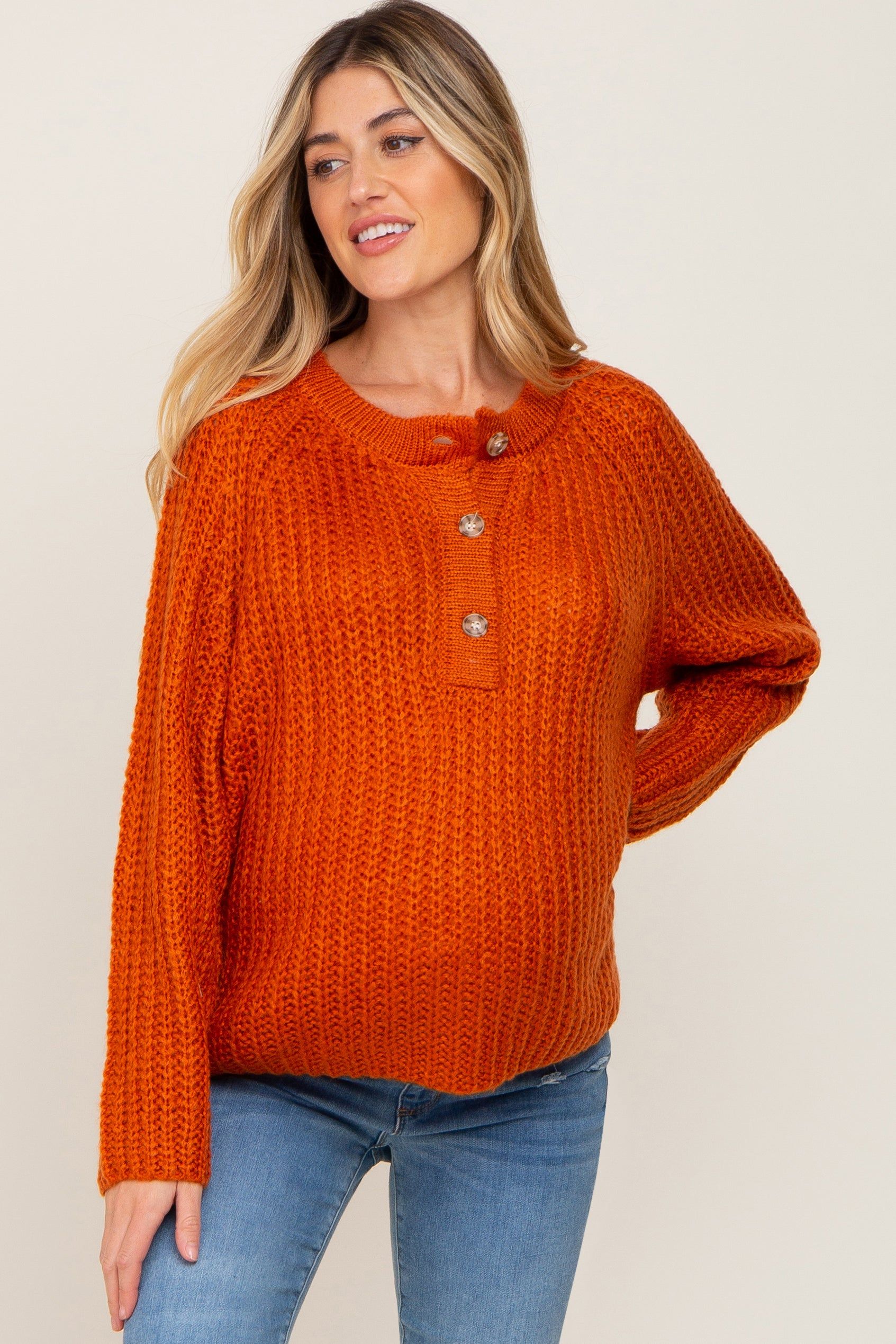 Rust Open Knit Button Front Maternity Sweater sold by Pinkblush