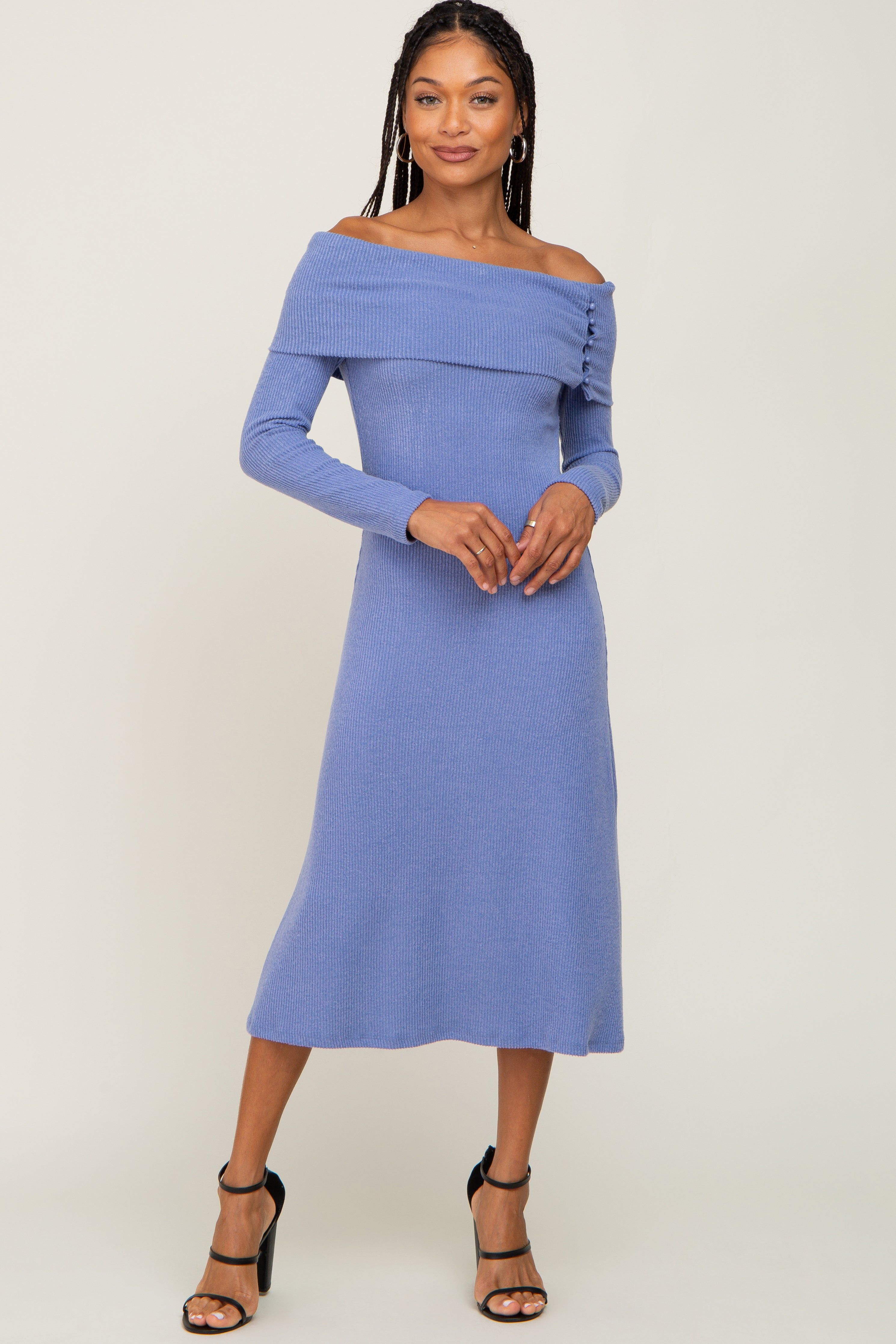 Blue Ribbed Knit Foldover Off Shoulder Midi Dress sold by Pinkblush product image thumbnail 4