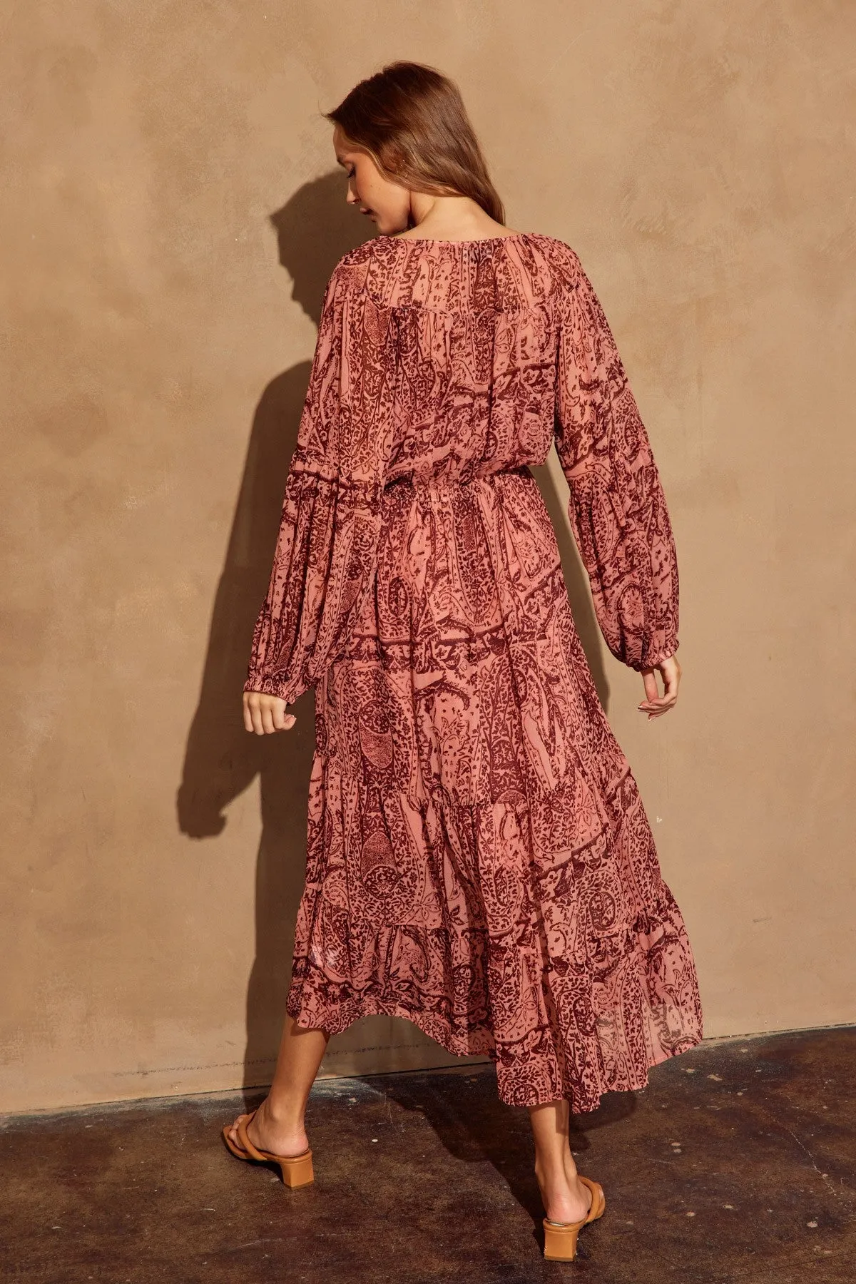 Mauve Wine Printed Bubble Sleeve Tiered Dress sold by Pinkblush product image thumbnail 3