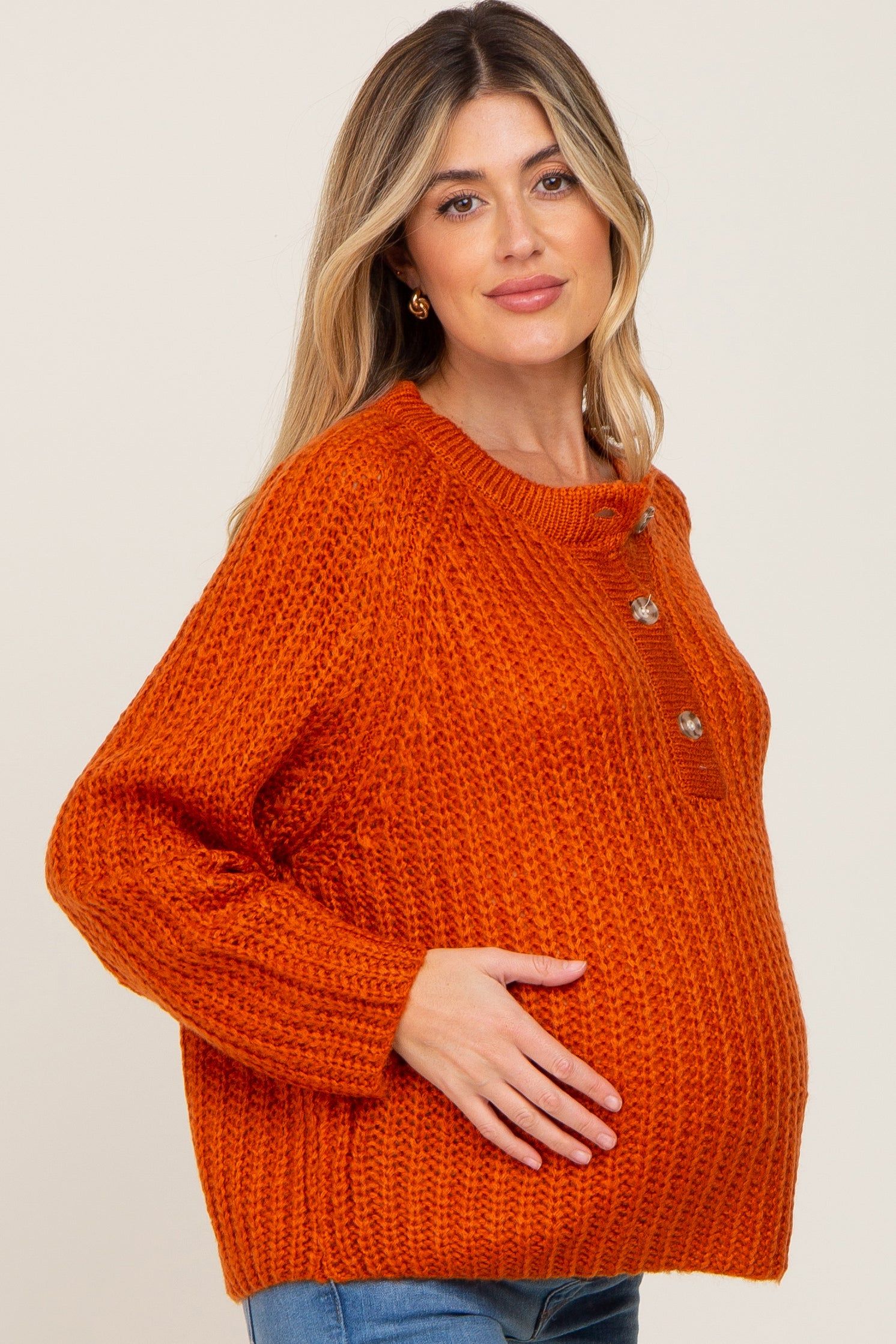 Rust Open Knit Button Front Maternity Sweater sold by Pinkblush product image thumbnail 2