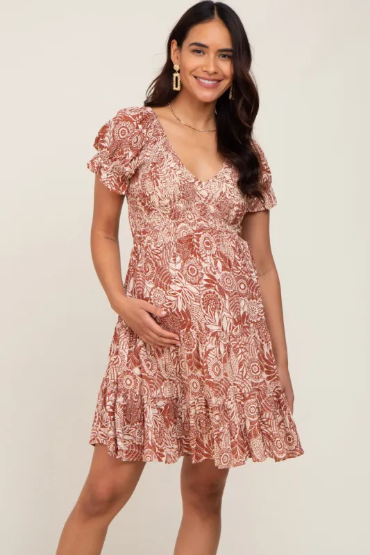 Rust Printed Smocked V-Neck Maternity Dress sold by Pinkblush