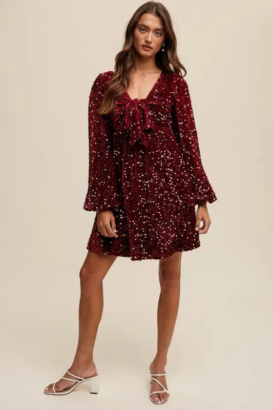 Burgundy Sequin Velour Front Tie Mini Dress sold by Pinkblush