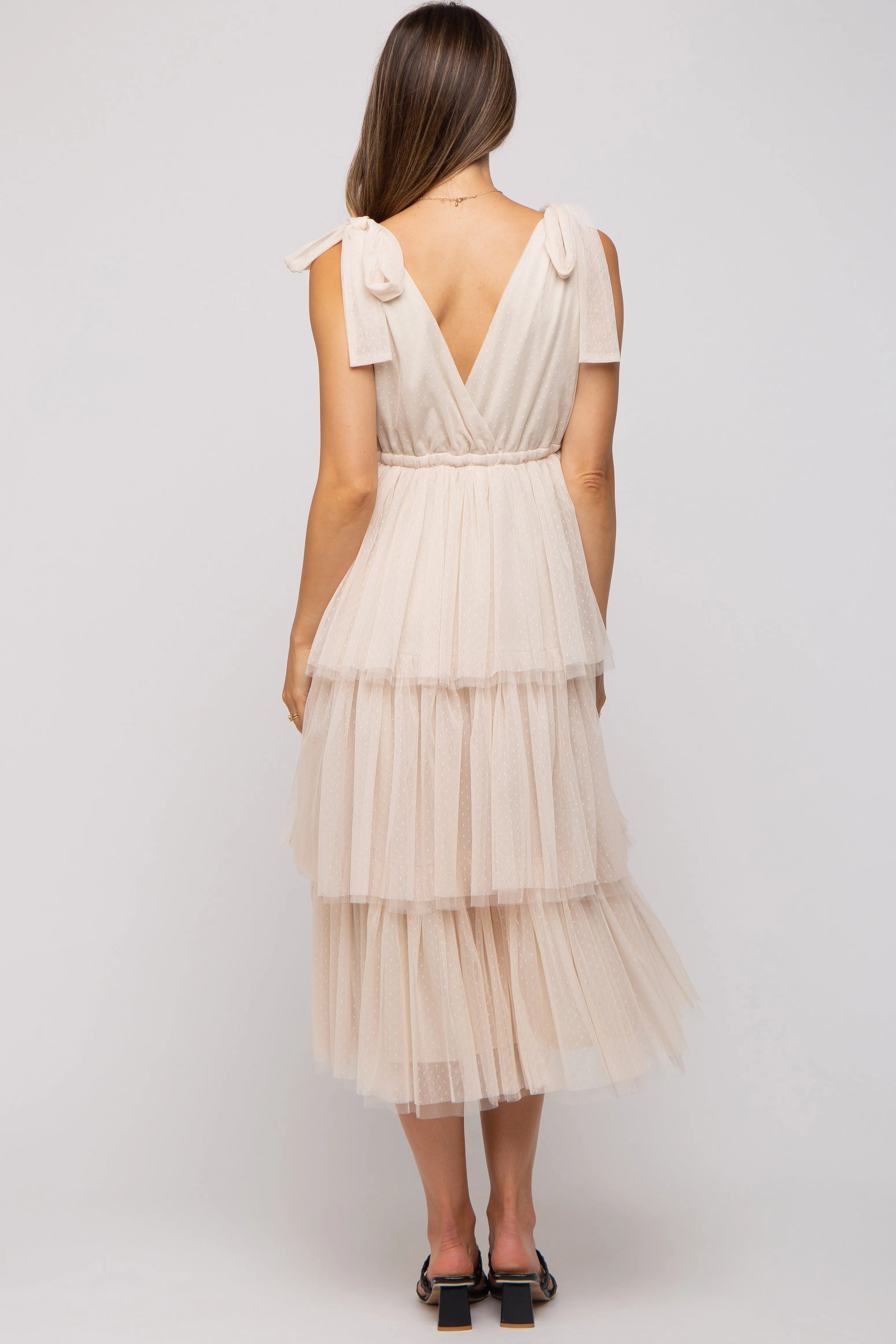 Cream Sleeveless Tiered Tie Strap Tulle Maternity Midi Dress sold by Pinkblush product image thumbnail 3