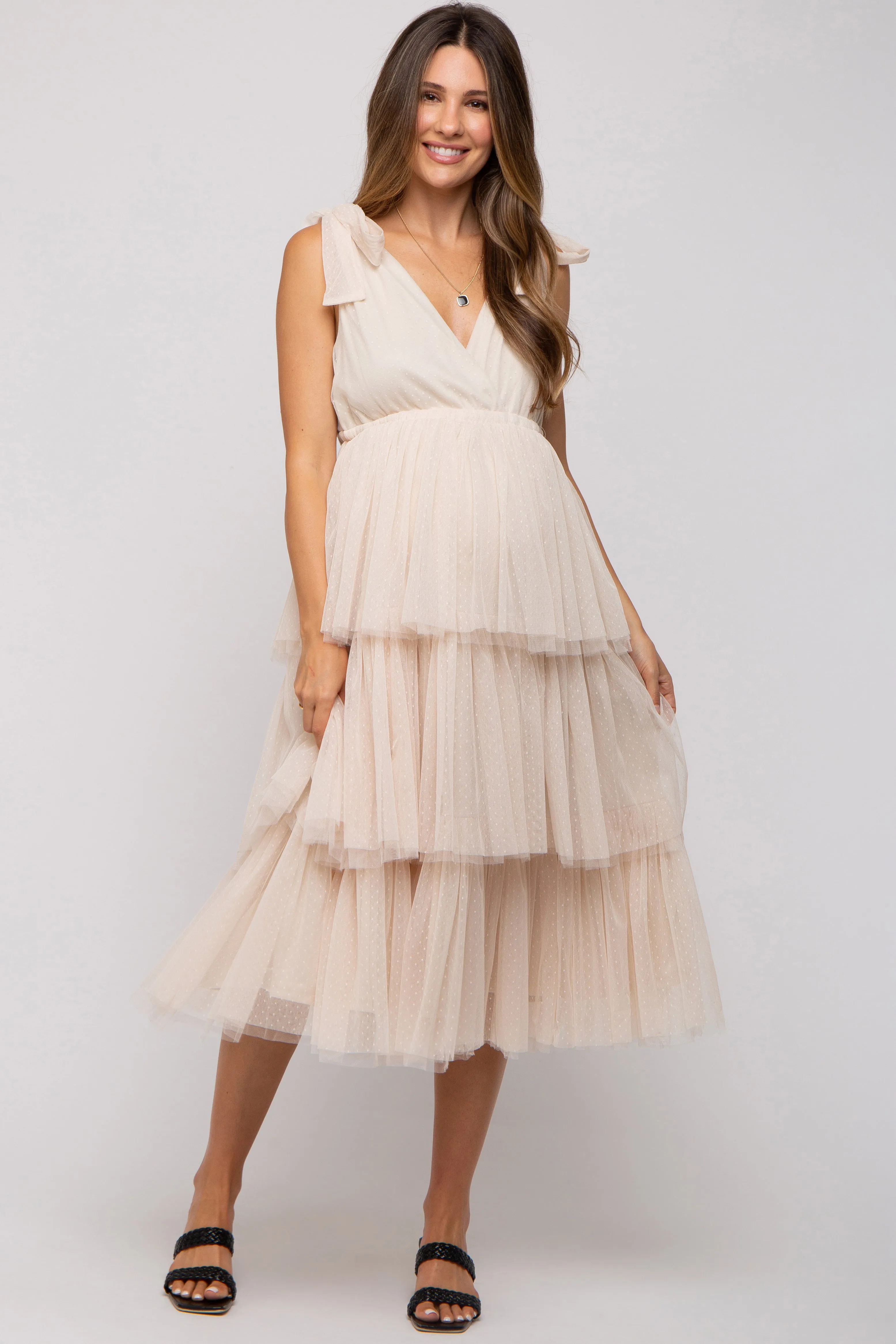 Cream Sleeveless Tiered Tie Strap Tulle Maternity Midi Dress sold by Pinkblush