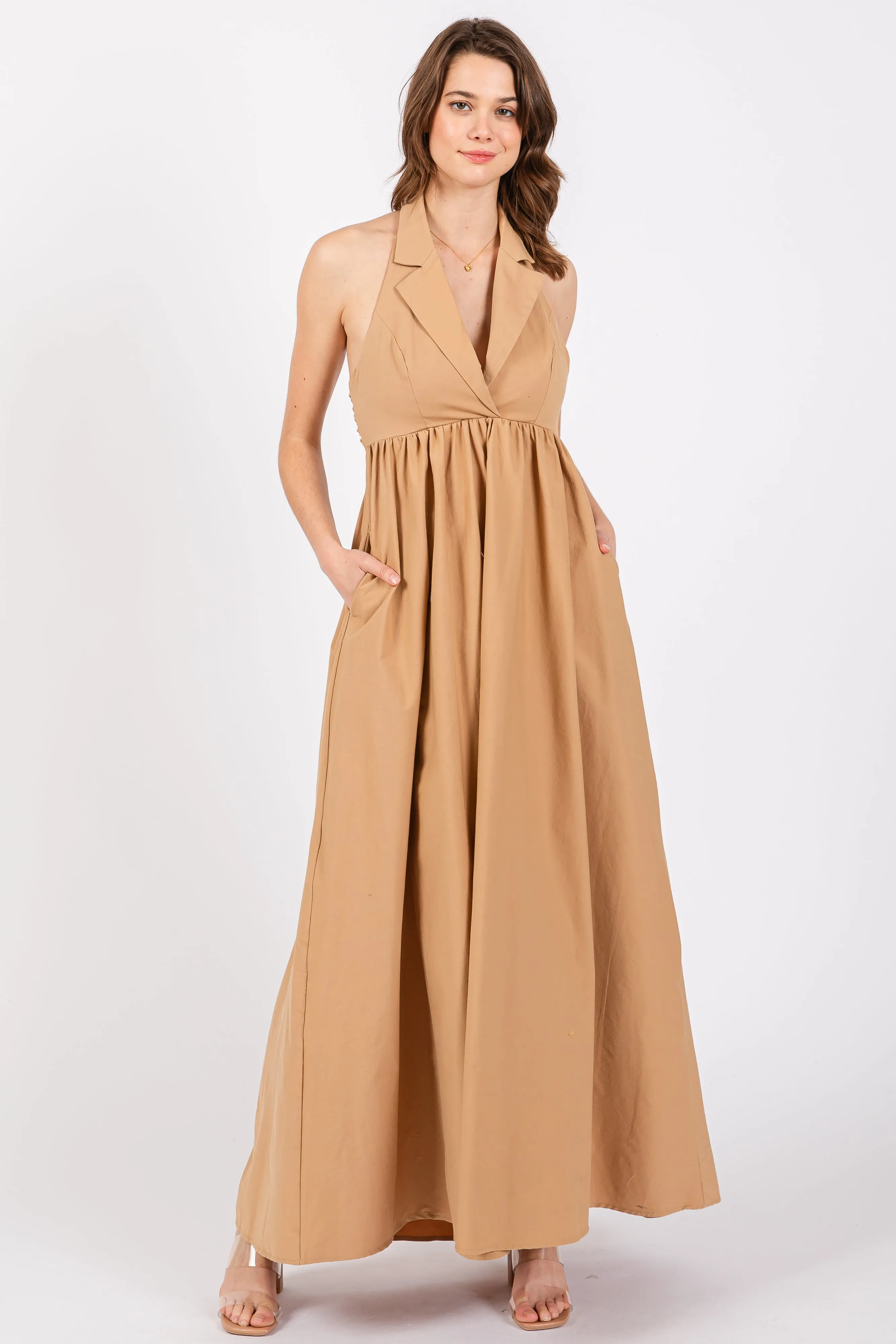 Taupe Collared Halter Back Tie Maxi Dress sold by Pinkblush