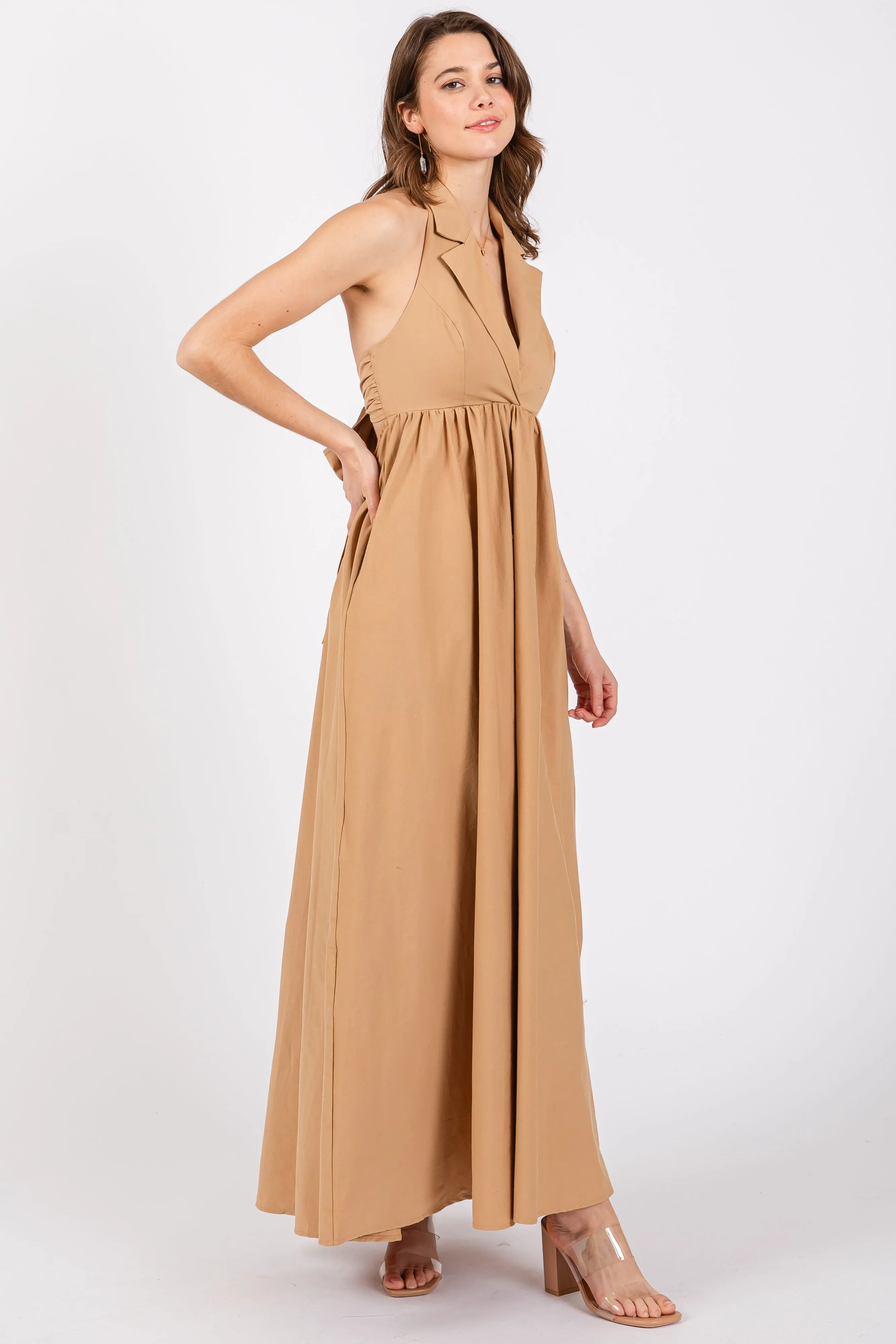 Taupe Collared Halter Back Tie Maxi Dress sold by Pinkblush product image thumbnail 2