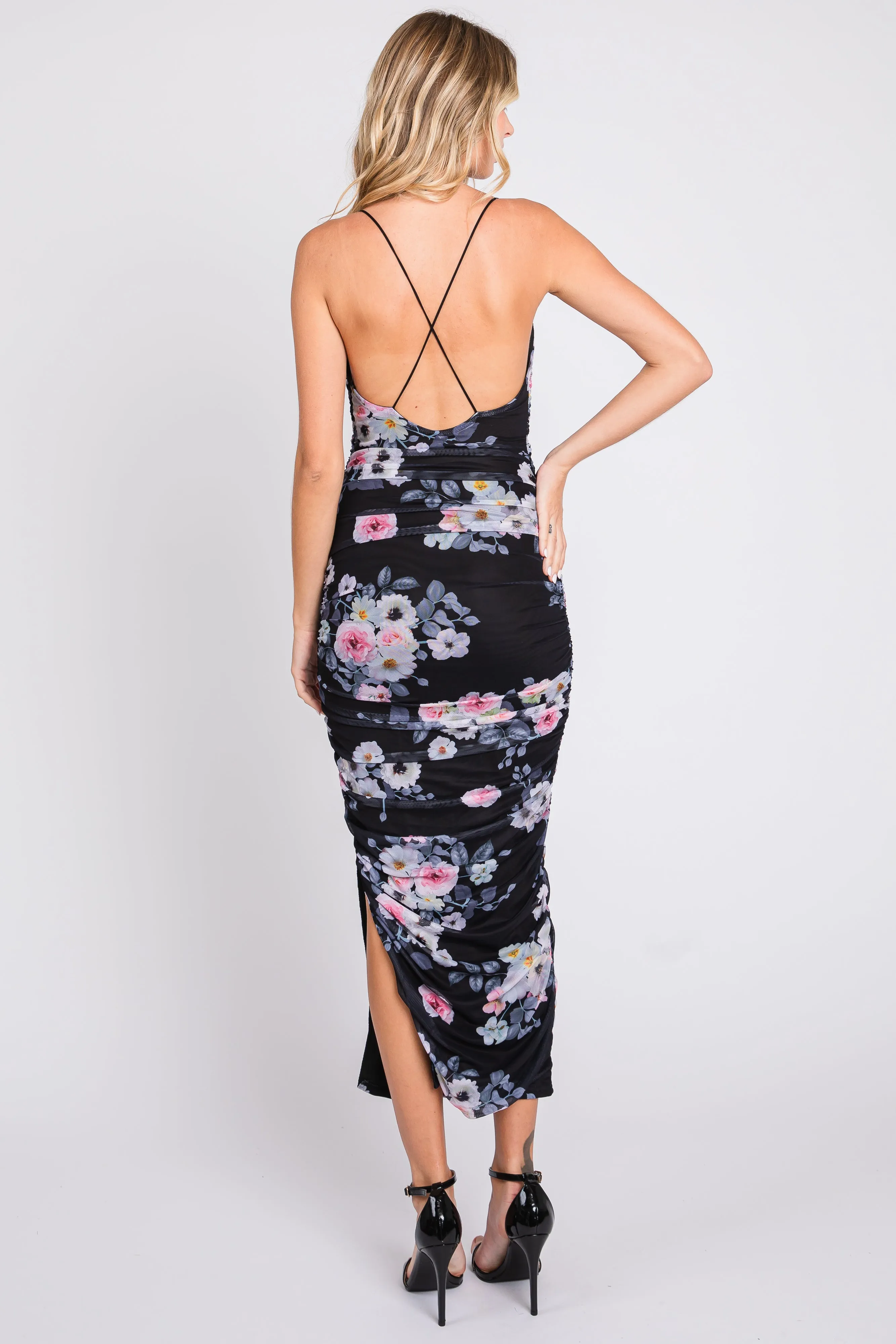 Black Floral Mesh Ruched Criss Cross Back Midi Dress sold by Pinkblush product image thumbnail 4