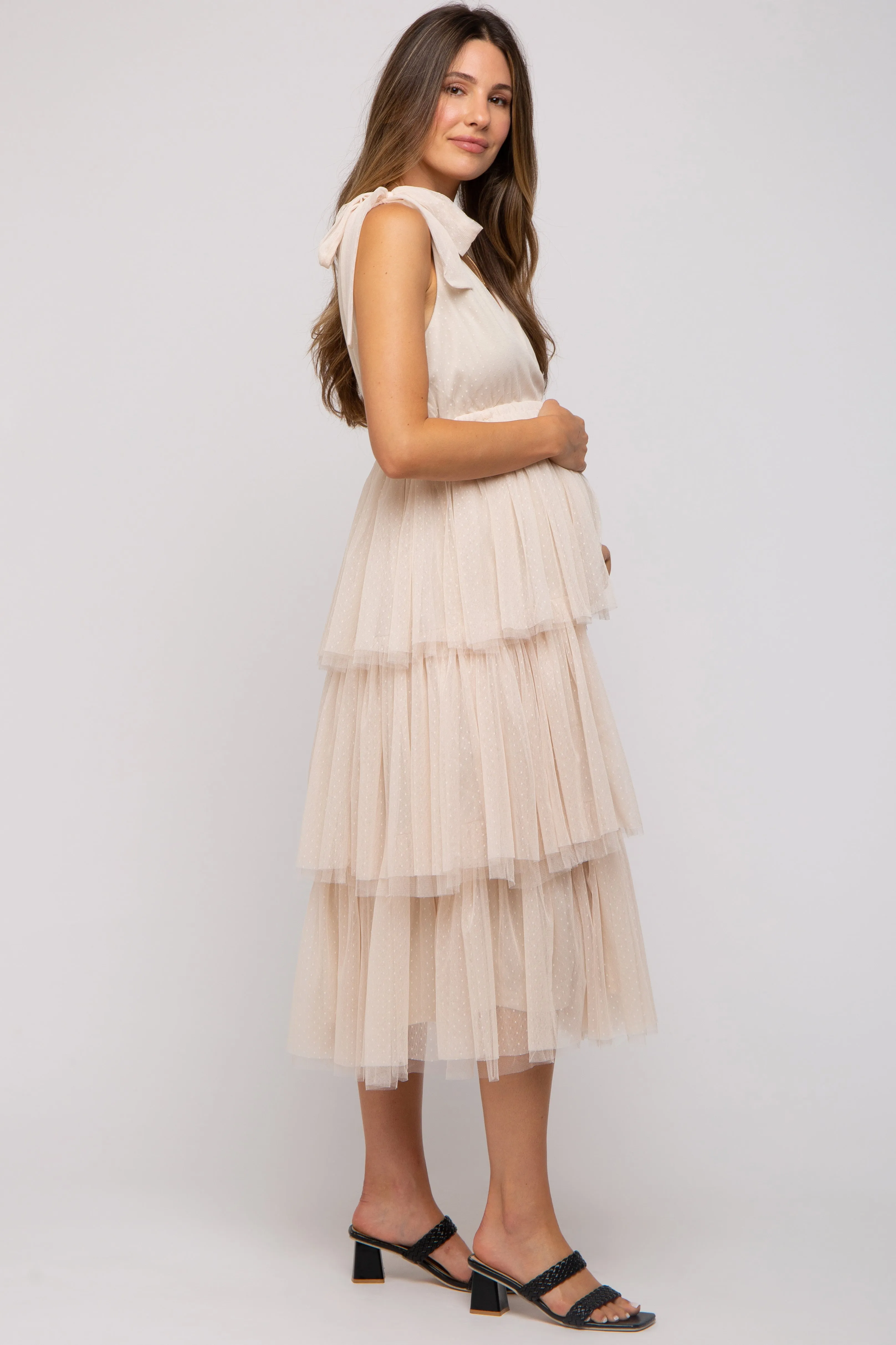 Cream Sleeveless Tiered Tie Strap Tulle Maternity Midi Dress sold by Pinkblush product image thumbnail 2