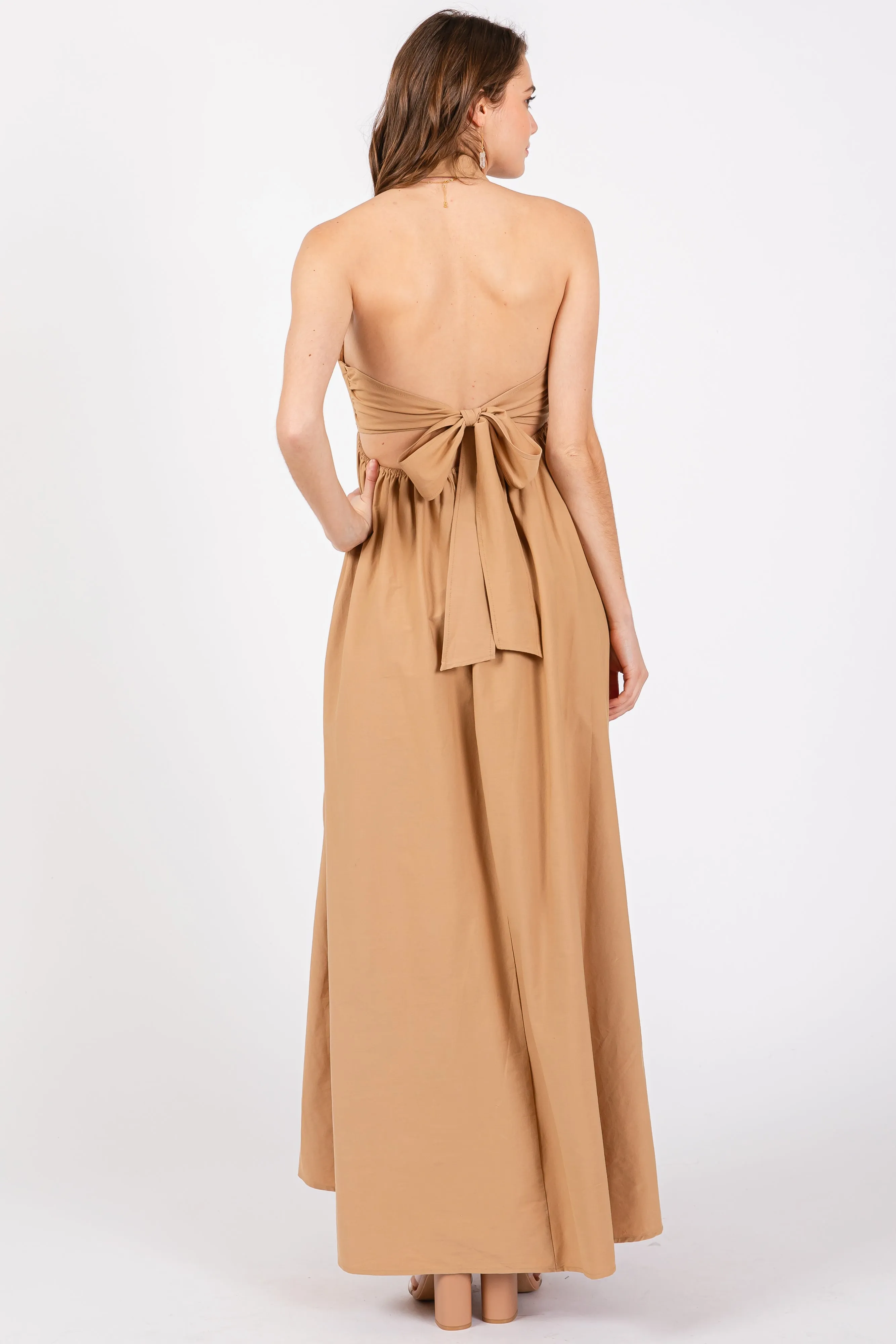 Taupe Collared Halter Back Tie Maxi Dress sold by Pinkblush product image thumbnail 3