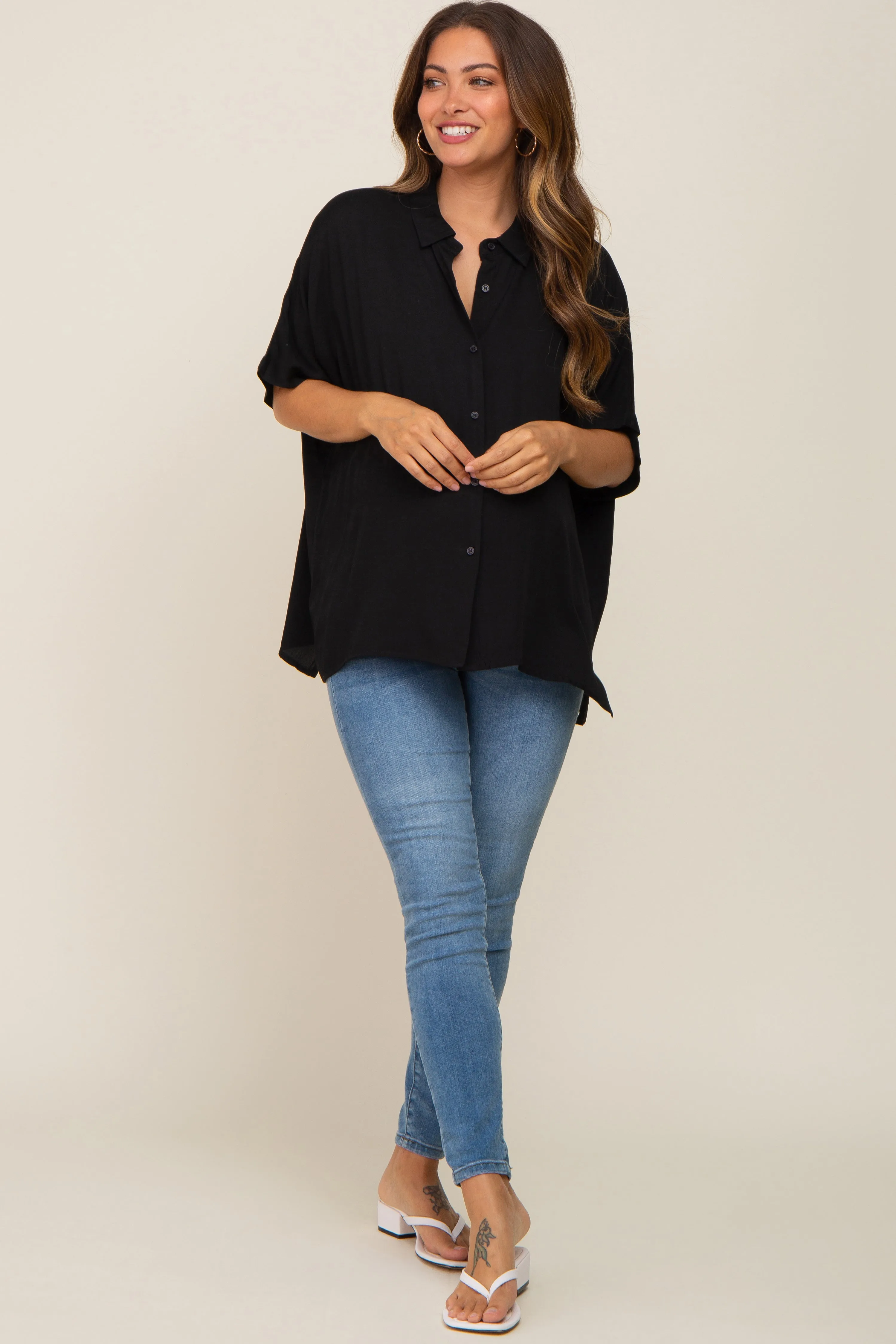 Black Button Up Dolman Short Sleeve Maternity Top sold by Pinkblush product image thumbnail 4