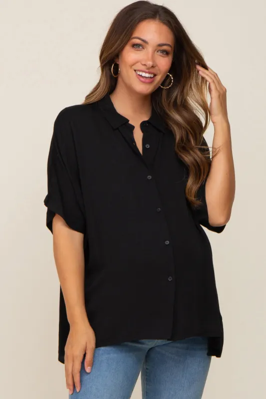 Black Button Up Dolman Short Sleeve Maternity Top sold by Pinkblush