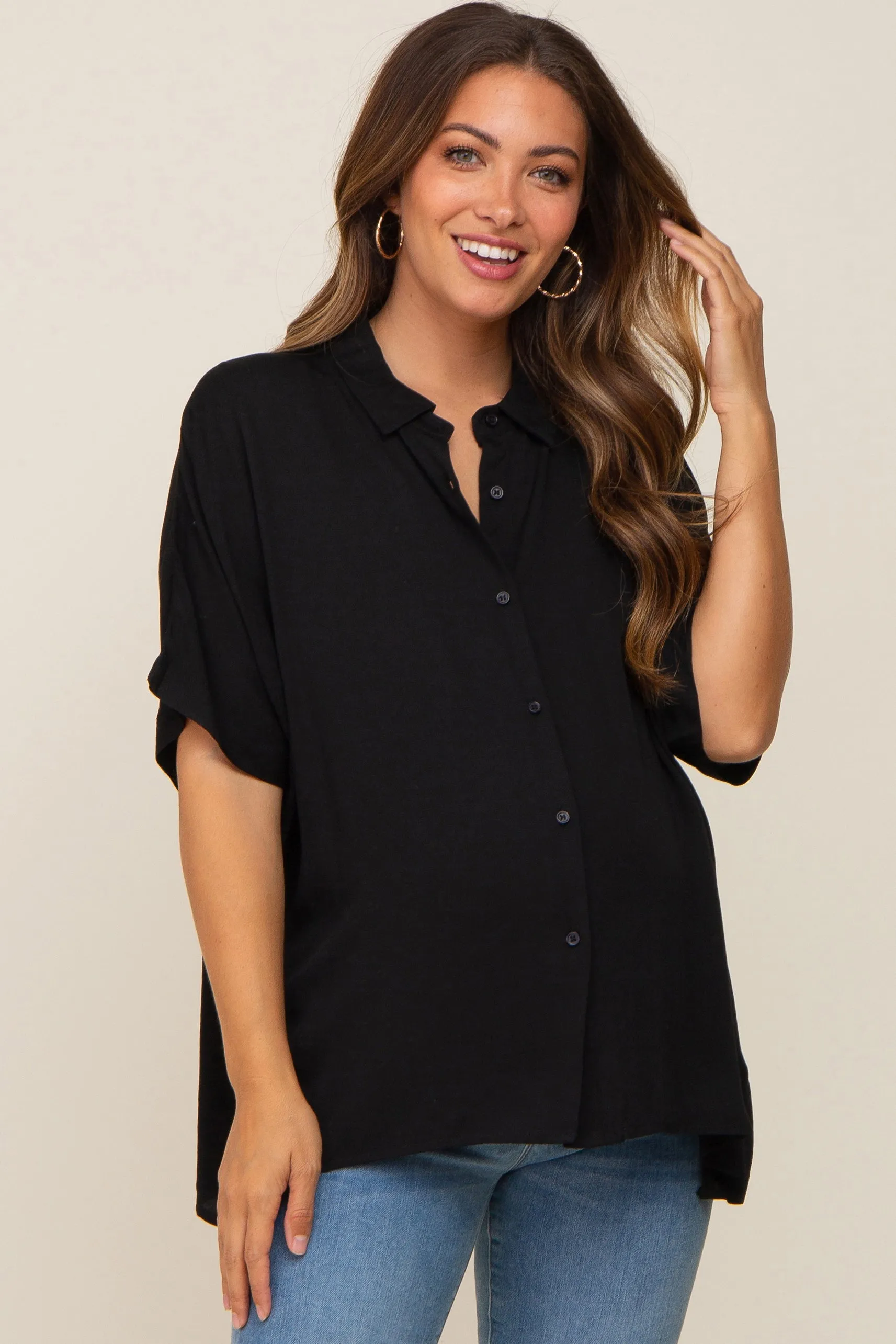 Black Button Up Dolman Short Sleeve Maternity Top sold by Pinkblush