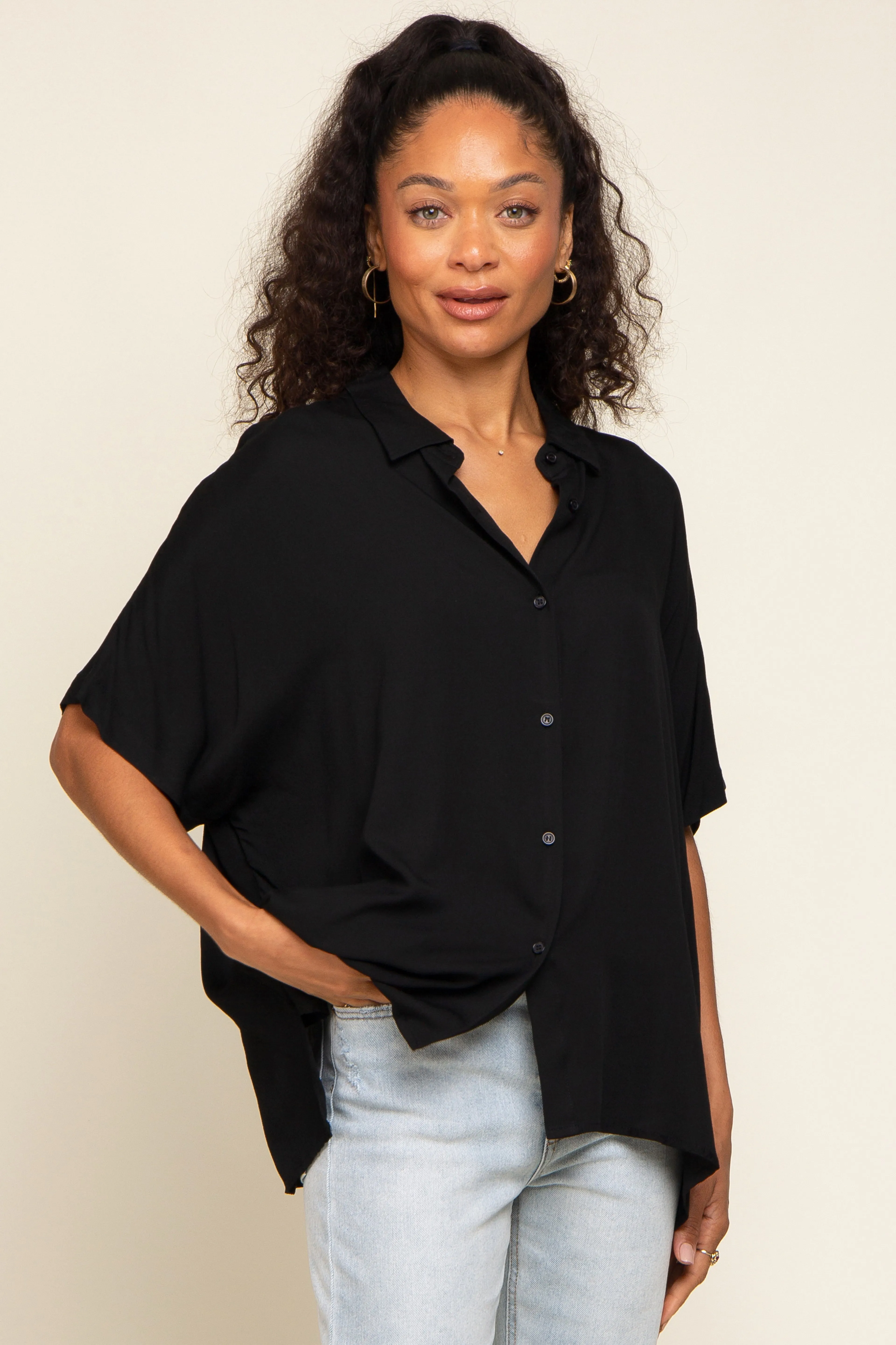 Black Button Up Dolman Short Sleeve Maternity Top sold by Pinkblush product image thumbnail 5