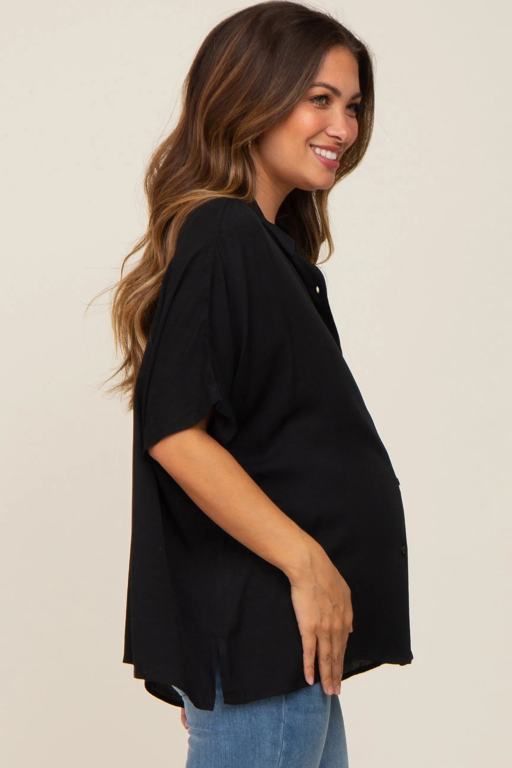 Black Button Up Dolman Short Sleeve Maternity Top sold by Pinkblush product image thumbnail 2