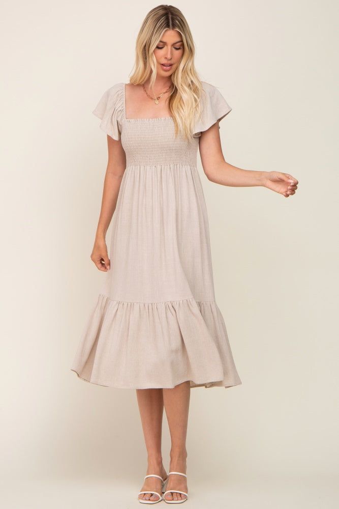 Beige Smocked Ruffle Hem Midi Dress sold by Pinkblush product image thumbnail 5