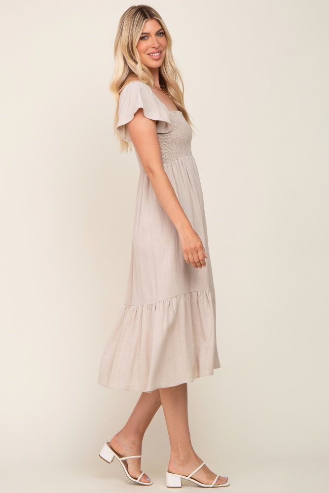 Beige Smocked Ruffle Hem Midi Dress sold by Pinkblush product image thumbnail 2