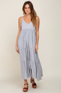 Heather Grey Tiered Sleeveless Maternity Maxi Dress sold by Pinkblush