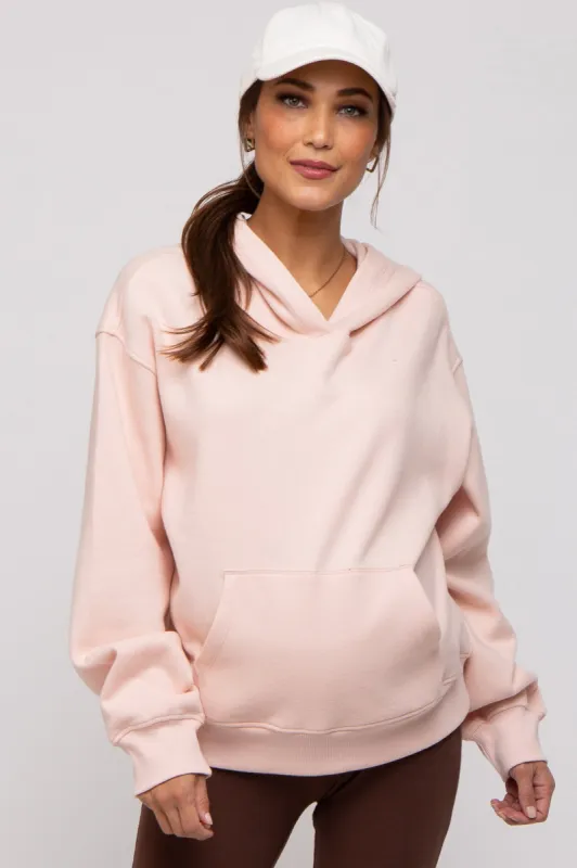 Light Pink Front Pocket Hooded Fleece Maternity Sweatshirt sold by Pinkblush