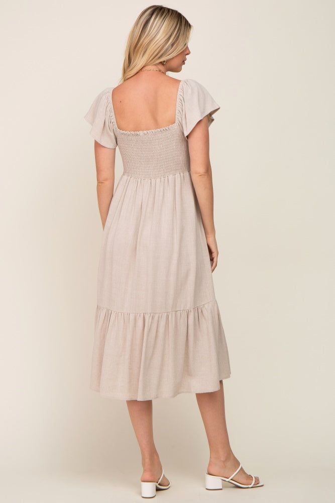 Beige Smocked Ruffle Hem Midi Dress sold by Pinkblush product image thumbnail 3