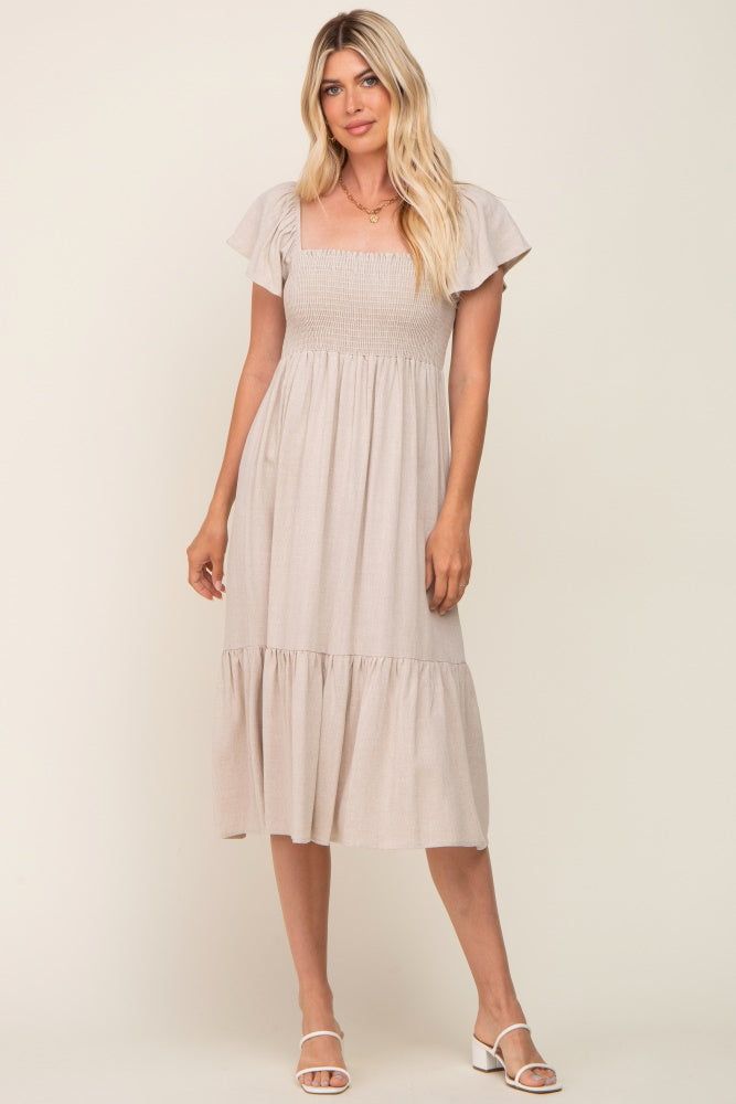 Beige Smocked Ruffle Hem Midi Dress sold by Pinkblush product image thumbnail 4