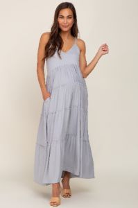 Heather Grey Tiered Sleeveless Maternity Maxi Dress sold by Pinkblush