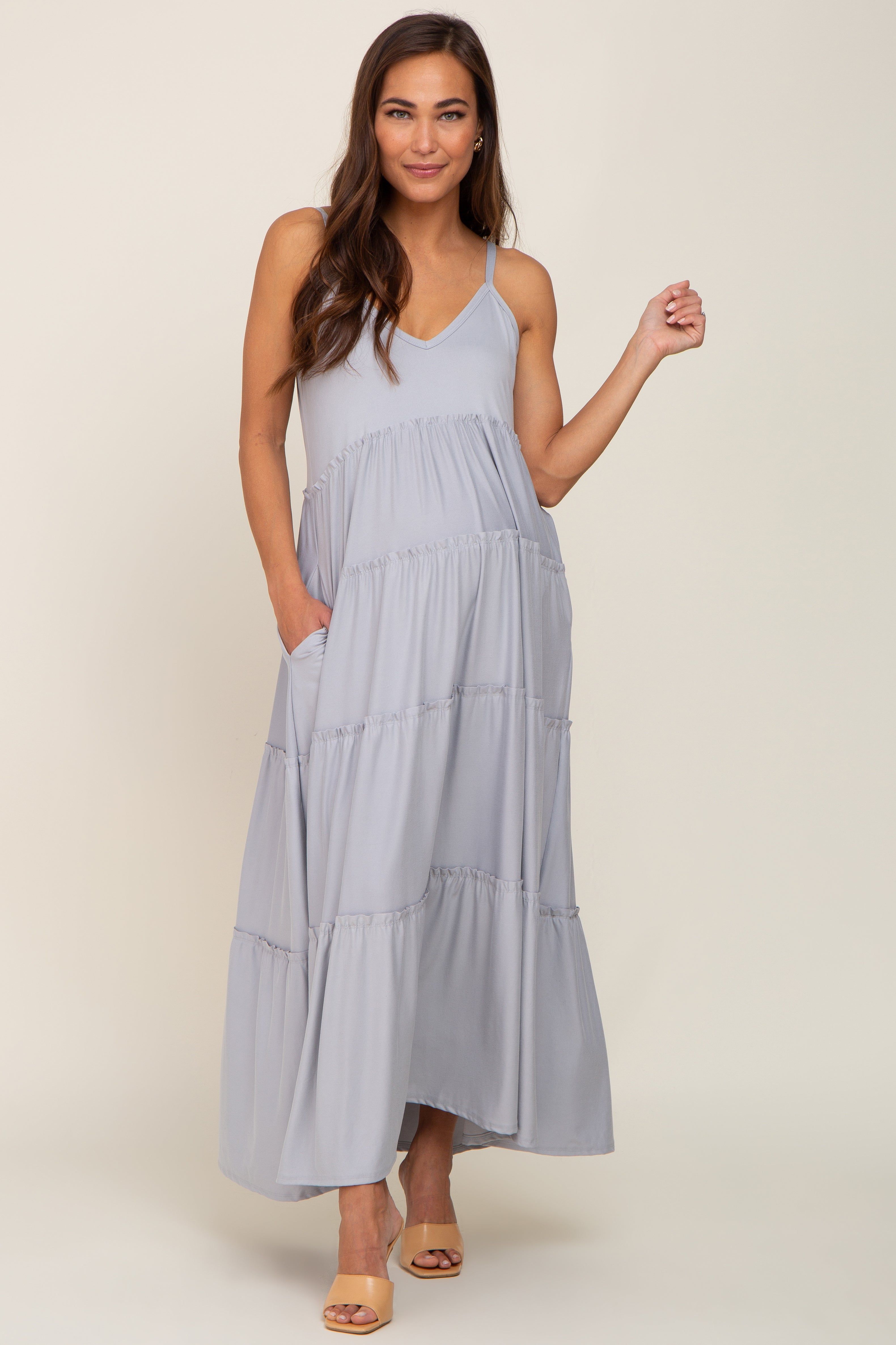Heather Grey Tiered Sleeveless Maternity Maxi Dress sold by Pinkblush product image thumbnail 4