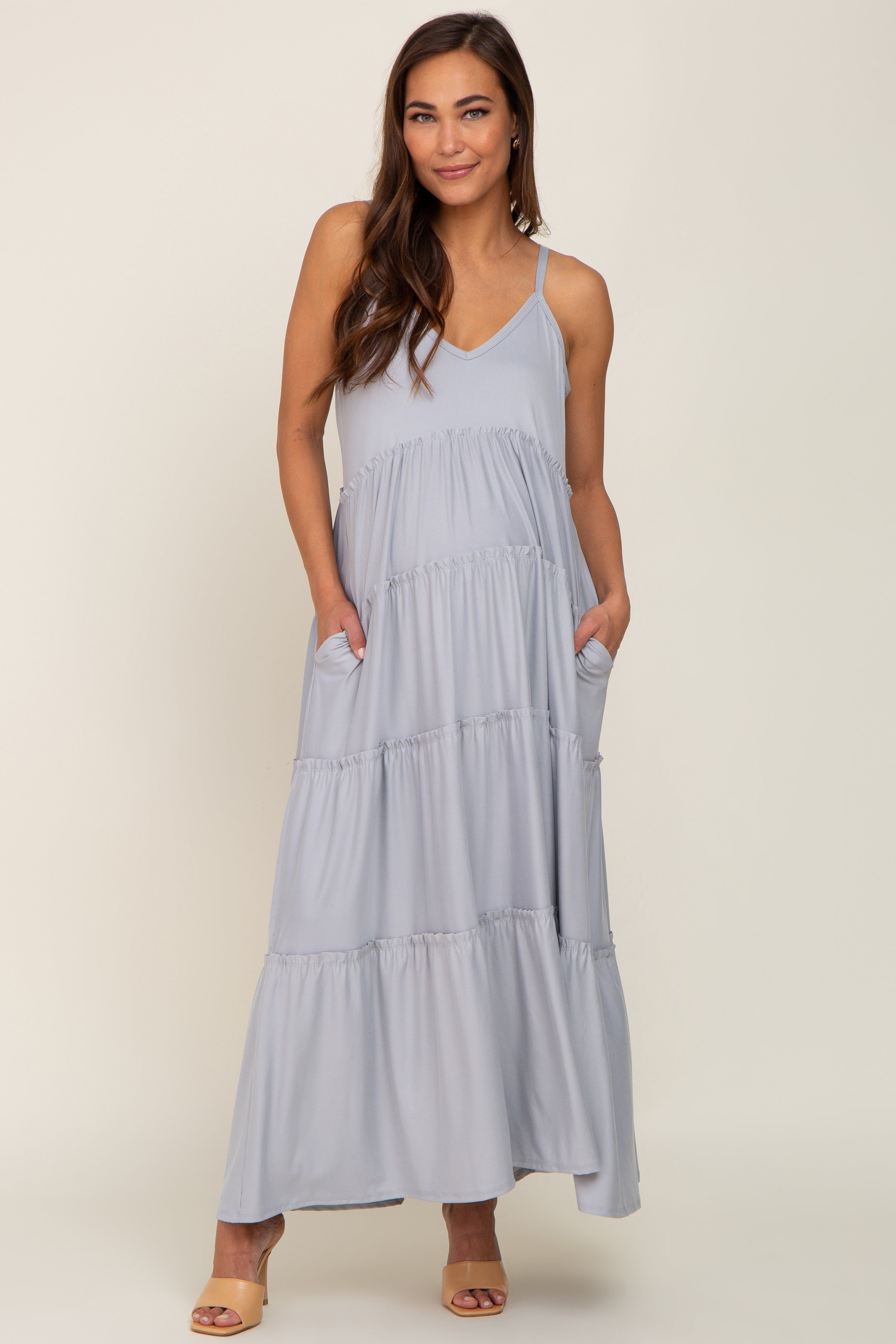 Heather Grey Tiered Sleeveless Maternity Maxi Dress sold by Pinkblush