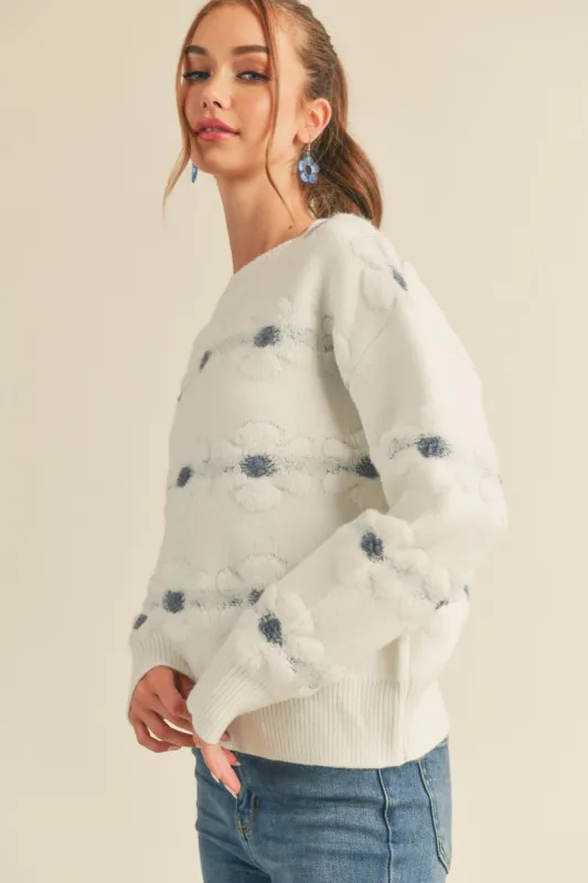 Ivory Blue Sherpa Floral Stripe Sweater sold by Pinkblush