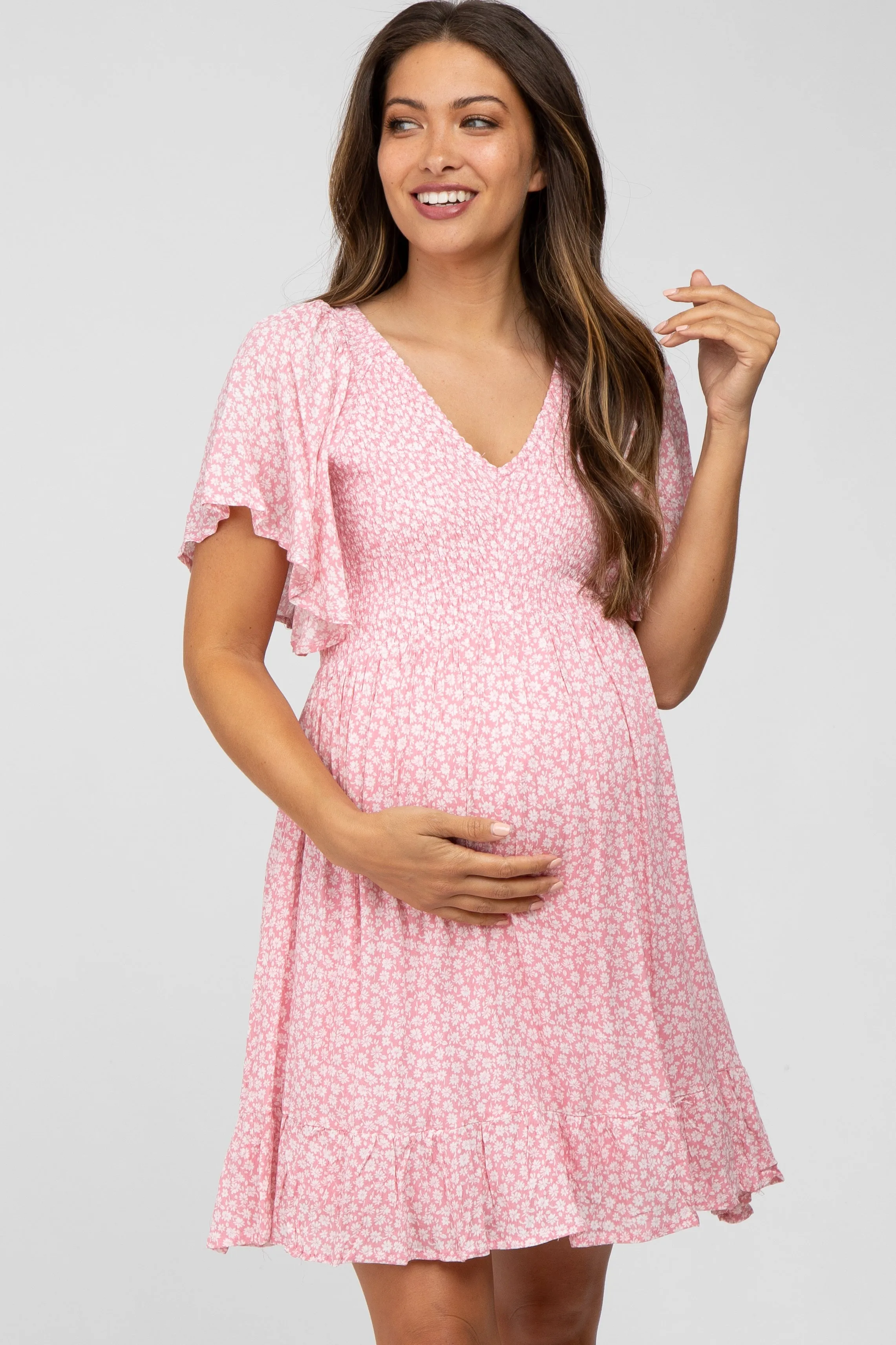 Light Pink Floral Print Smocked V-Neck Maternity Dress sold by Pinkblush product image thumbnail 2