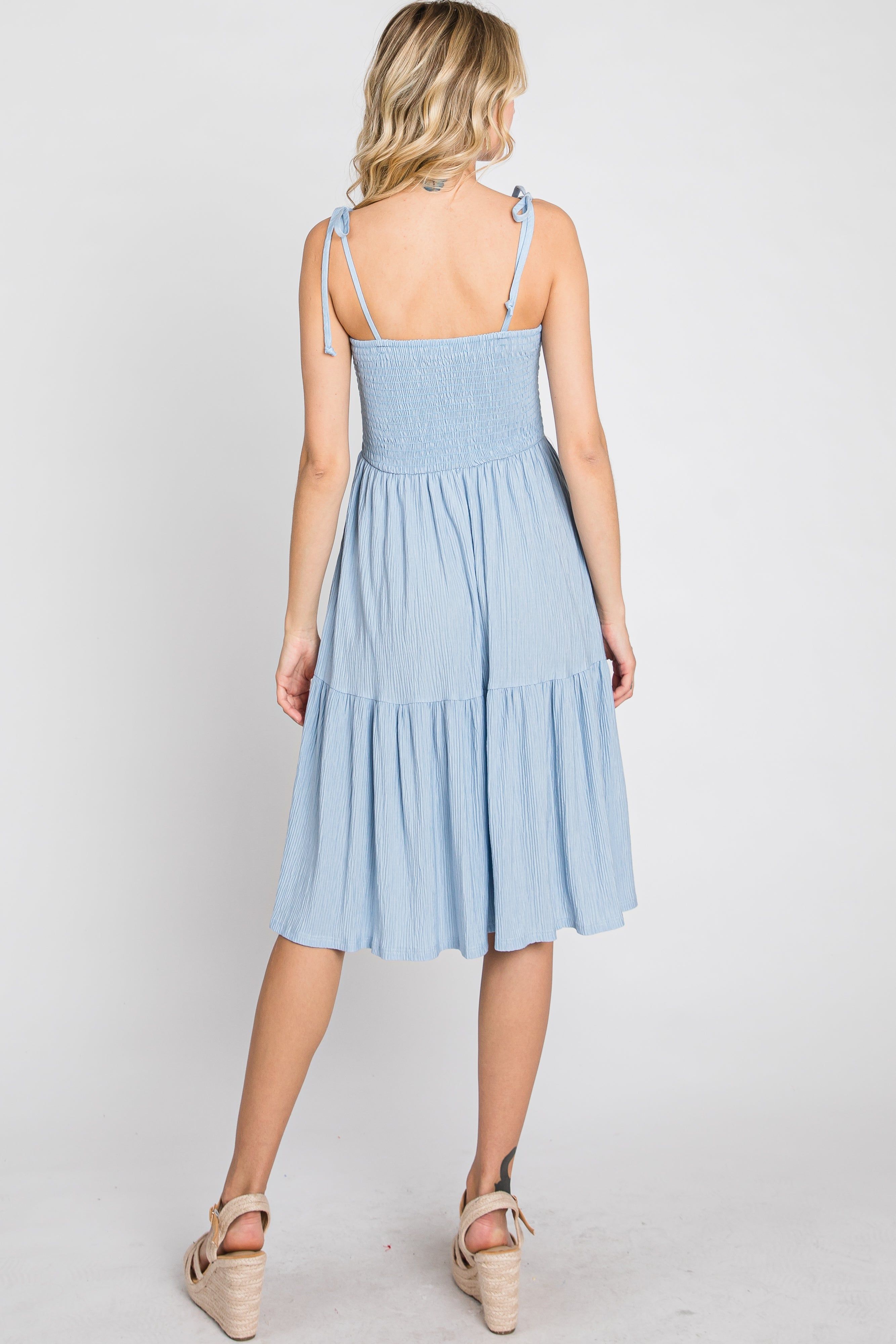 Light Blue Smocked Shoulder Tie Dress sold by Pinkblush product image thumbnail 5