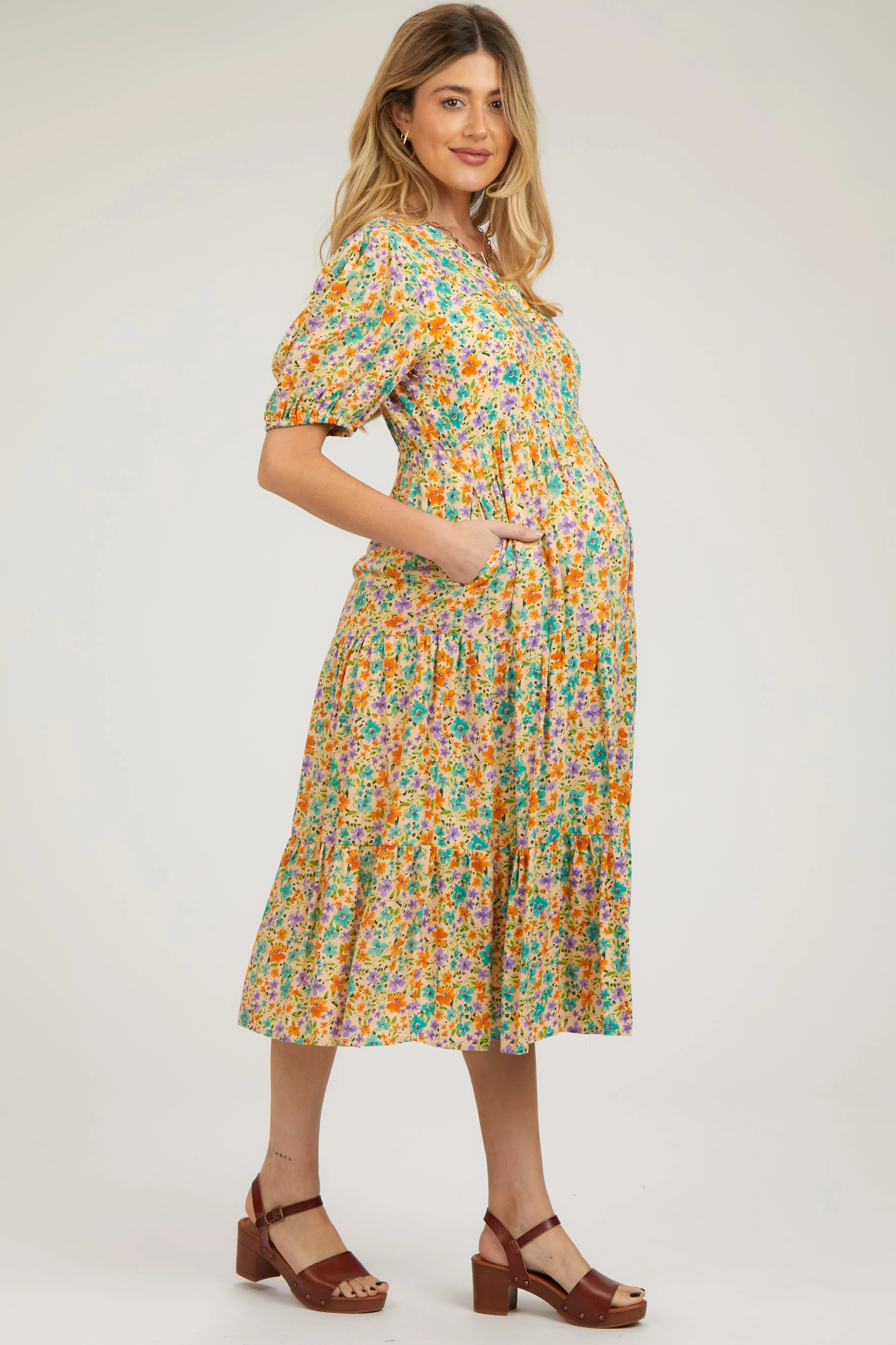 Beige Floral Button Front Ruffle Hem Maternity Midi Dress sold by Pinkblush product image thumbnail 2